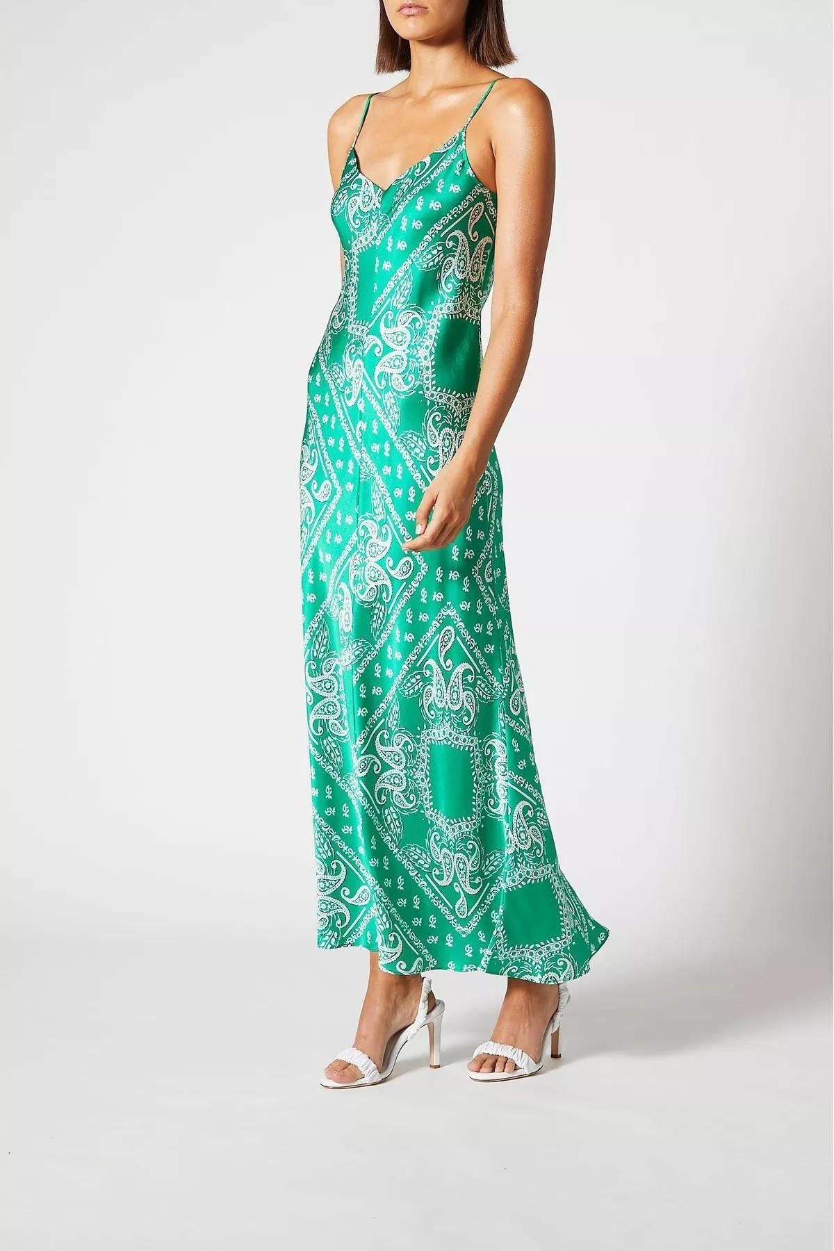 Scanlan Theodore Silk Paisley Long Slip Dress Green Size 10 for rent on The Volte - main image