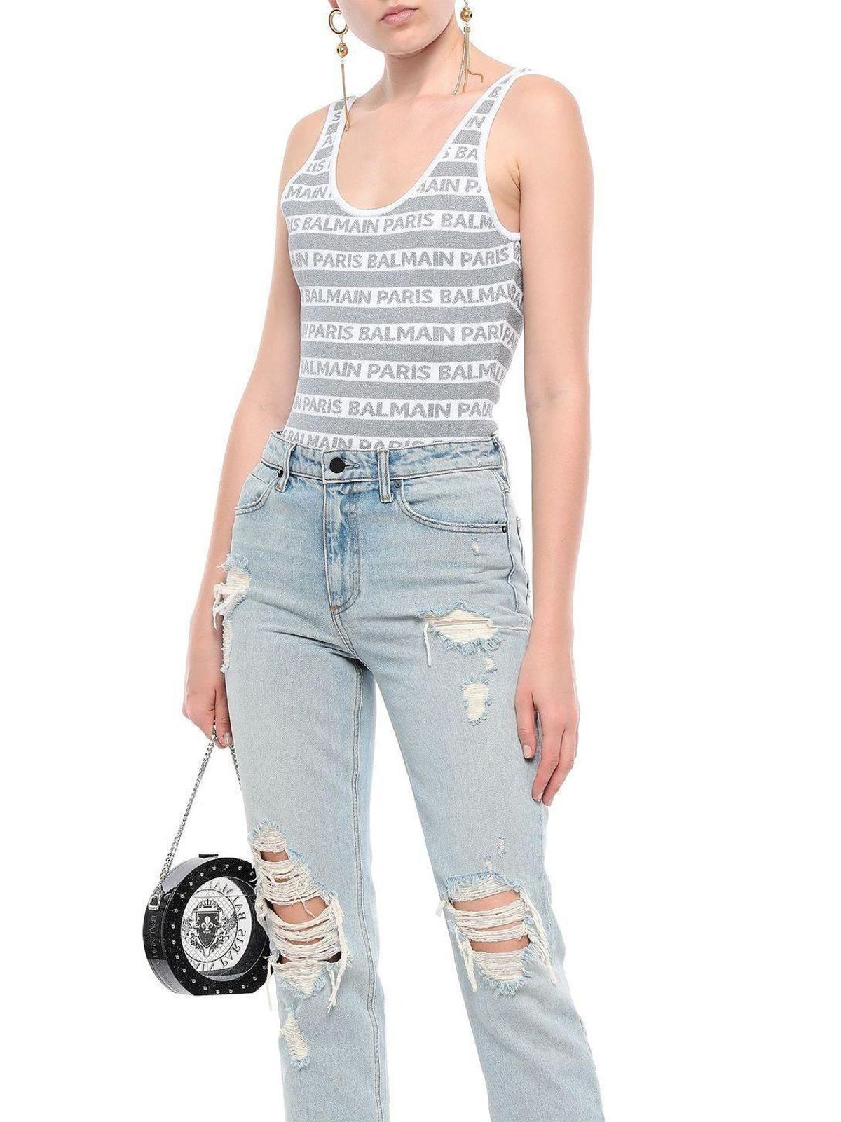 Balmain Metallic Silver Jacquard Logo Bodysuit Size 36 /XS for rent on The Volte - main image