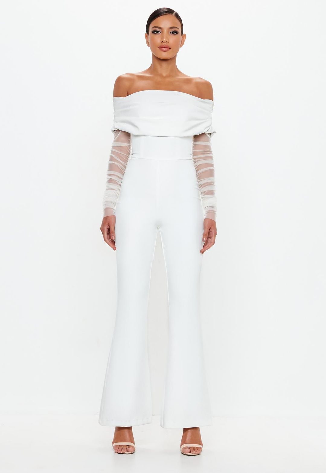 Peace + Love White Bardot Flare Leg Jumpsuit Size 14 for rent on The Volte - main image