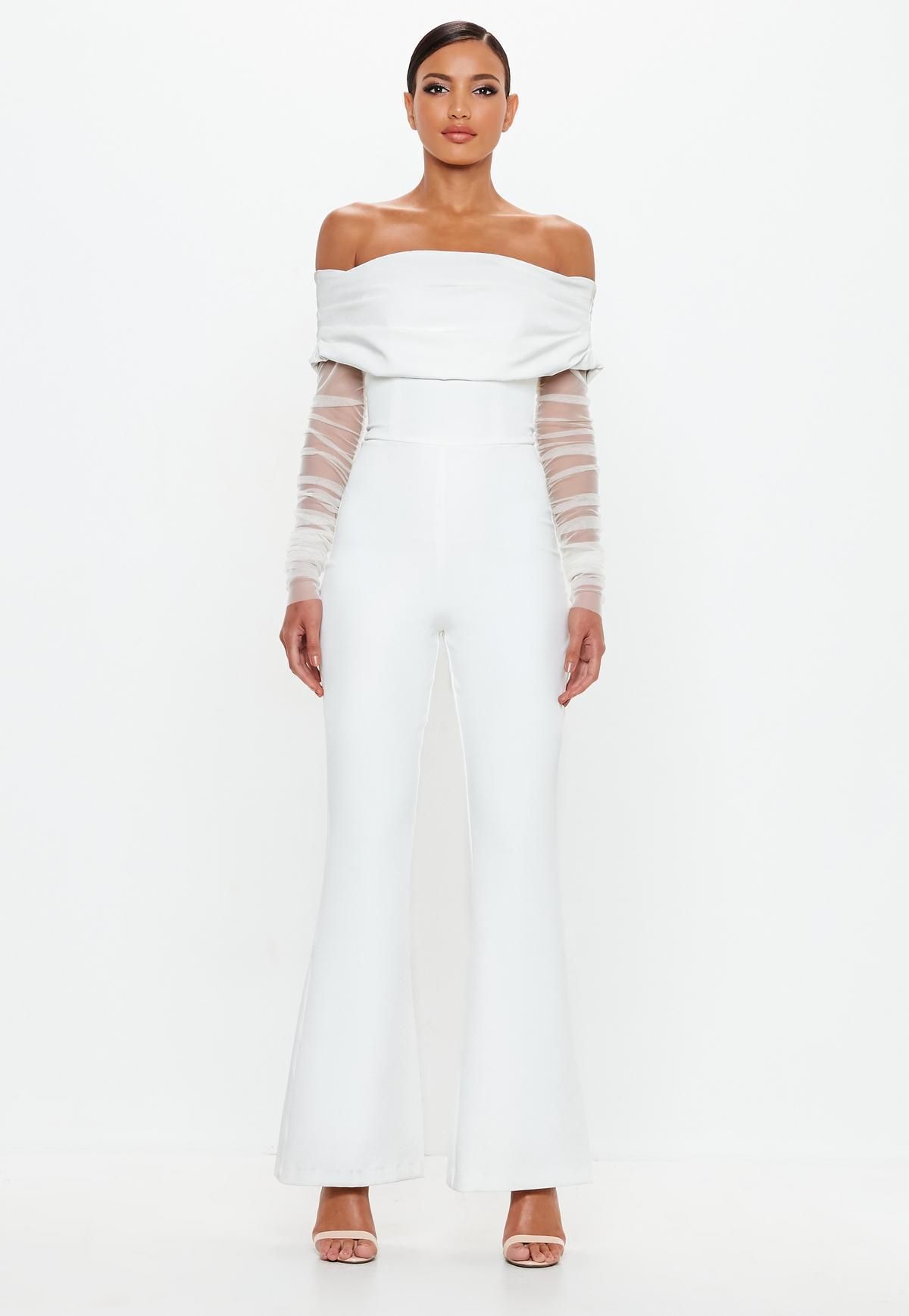 Peace + Love White Bardot Flare Leg Jumpsuit Size 14 for rent on The Volte - main image