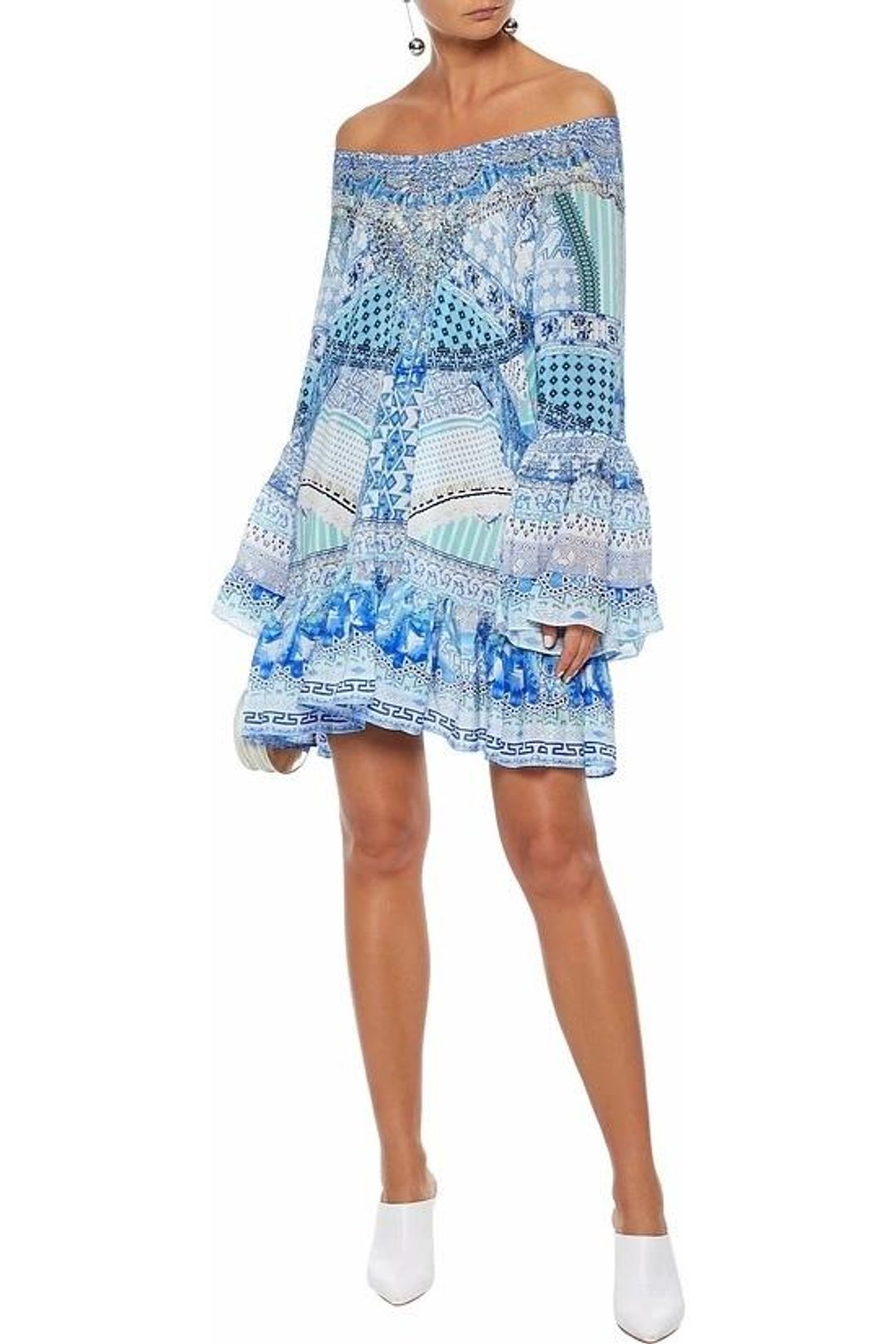 Camilla Woman Day Dreamer Off-the-shoulder Embellished Silk Crepe De Chine Mini Dress Light Blue Size 14 for rent on The Volte - main image