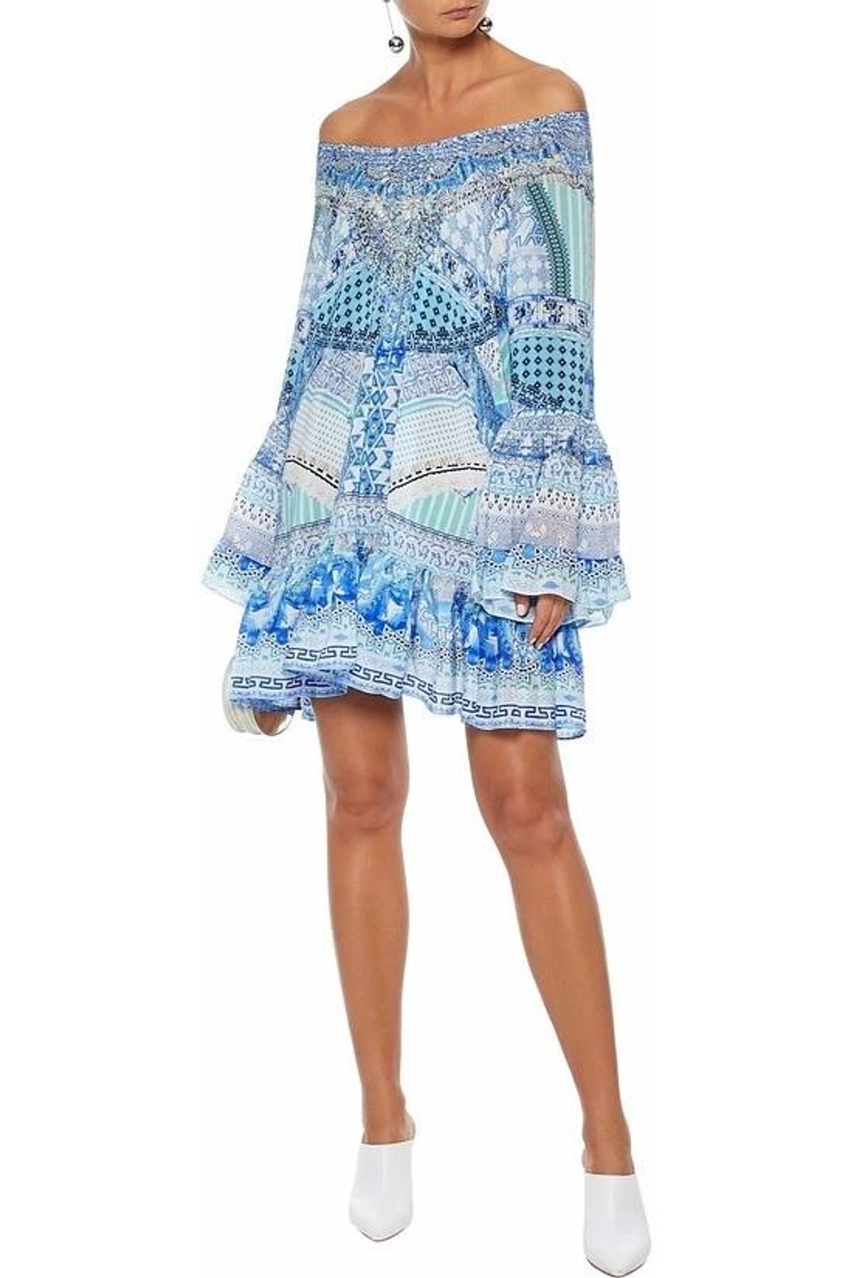 Camilla Woman Day Dreamer Off-the-shoulder Embellished Silk Crepe De Chine Mini Dress Light Blue Size 14 for rent on The Volte - main image