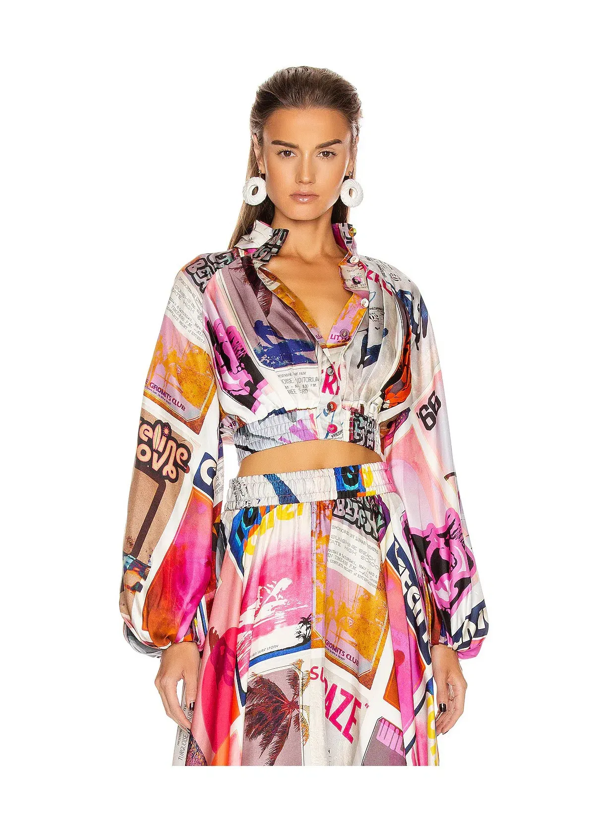 Zimmermann Wavelength High Collar Blouse in Pink Poster Print Size 1 /AU 10 - Image 3
