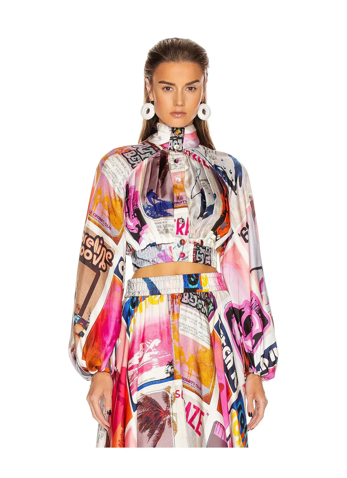 Zimmermann Wavelength High Collar Blouse in Pink Poster Print Size 1 /AU 10 - Image 2