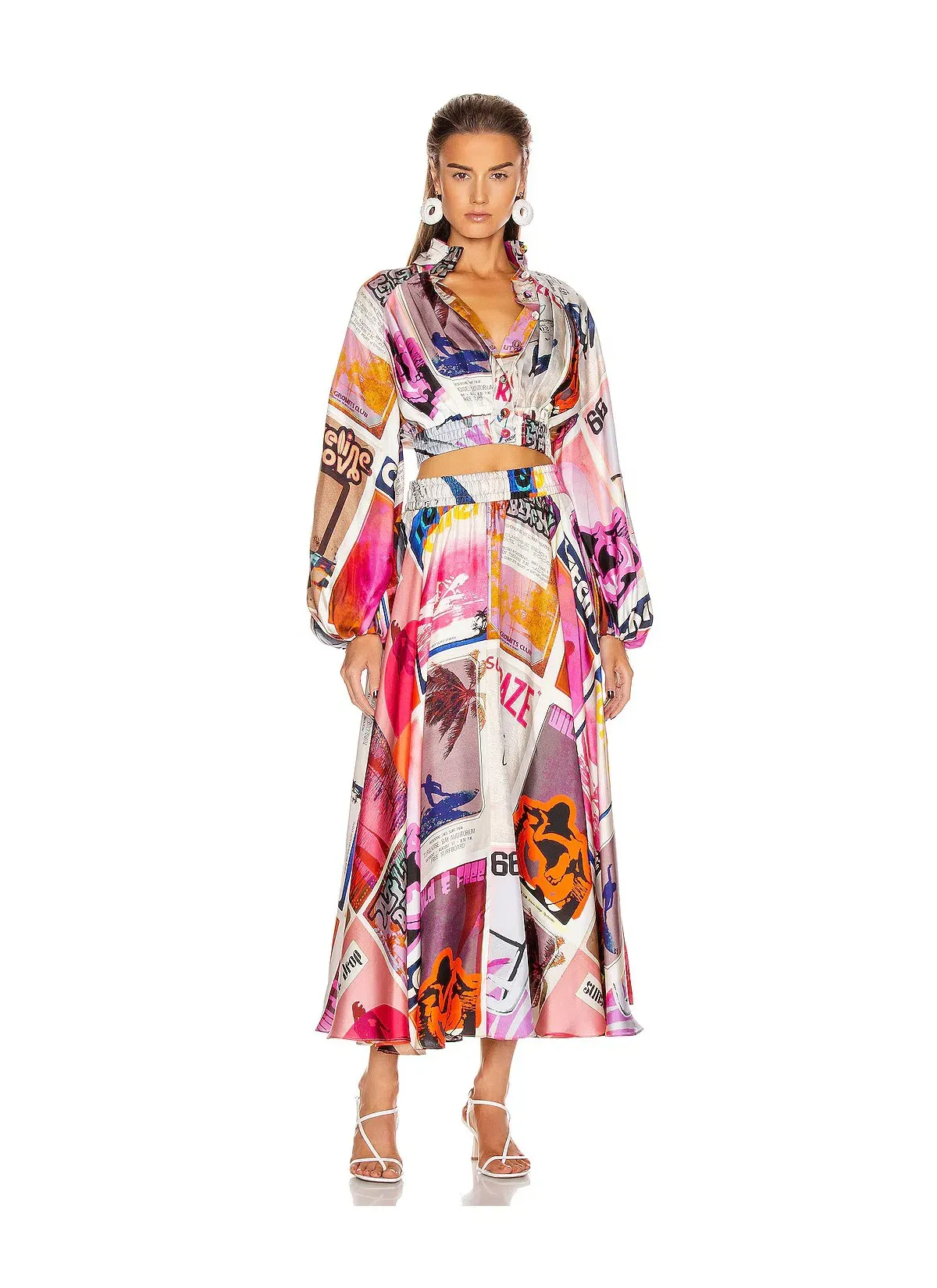 Zimmermann Wavelength High Collar Blouse in Pink Poster Print Size 1 /AU 10 - Image 1