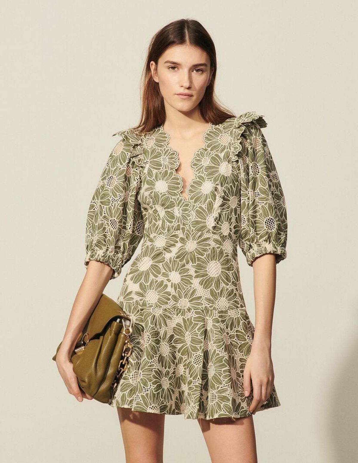 SANDRO embroidered floral green mini dress - Image 1