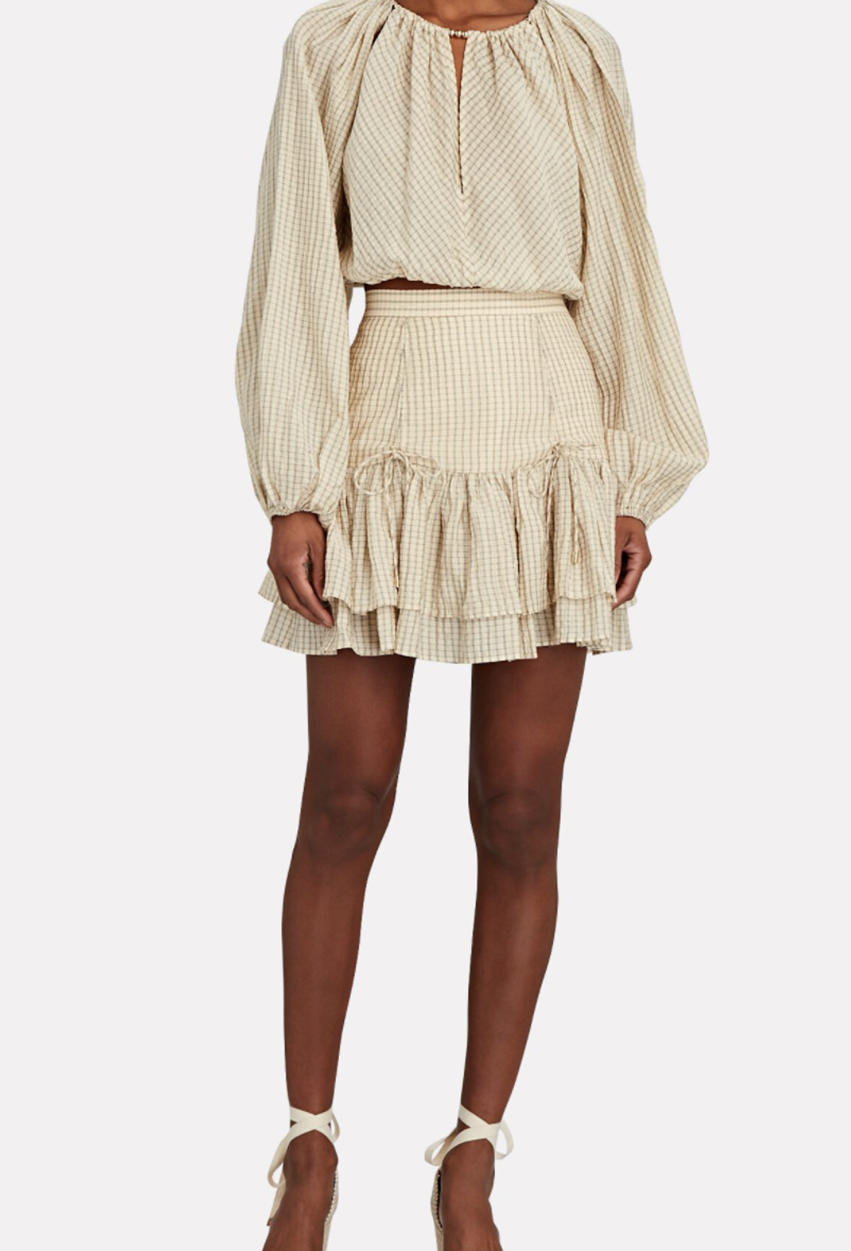 SIGNIFICANT OTHER - Creme plaid ruffled mini skirt (Size 6) - Image 1