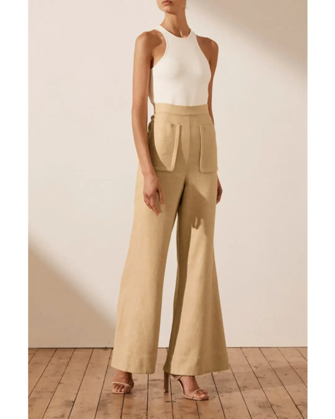 Shona Joy Carmen Linen Flared Pant Beige Size AU 6 for rent on The Volte - main image