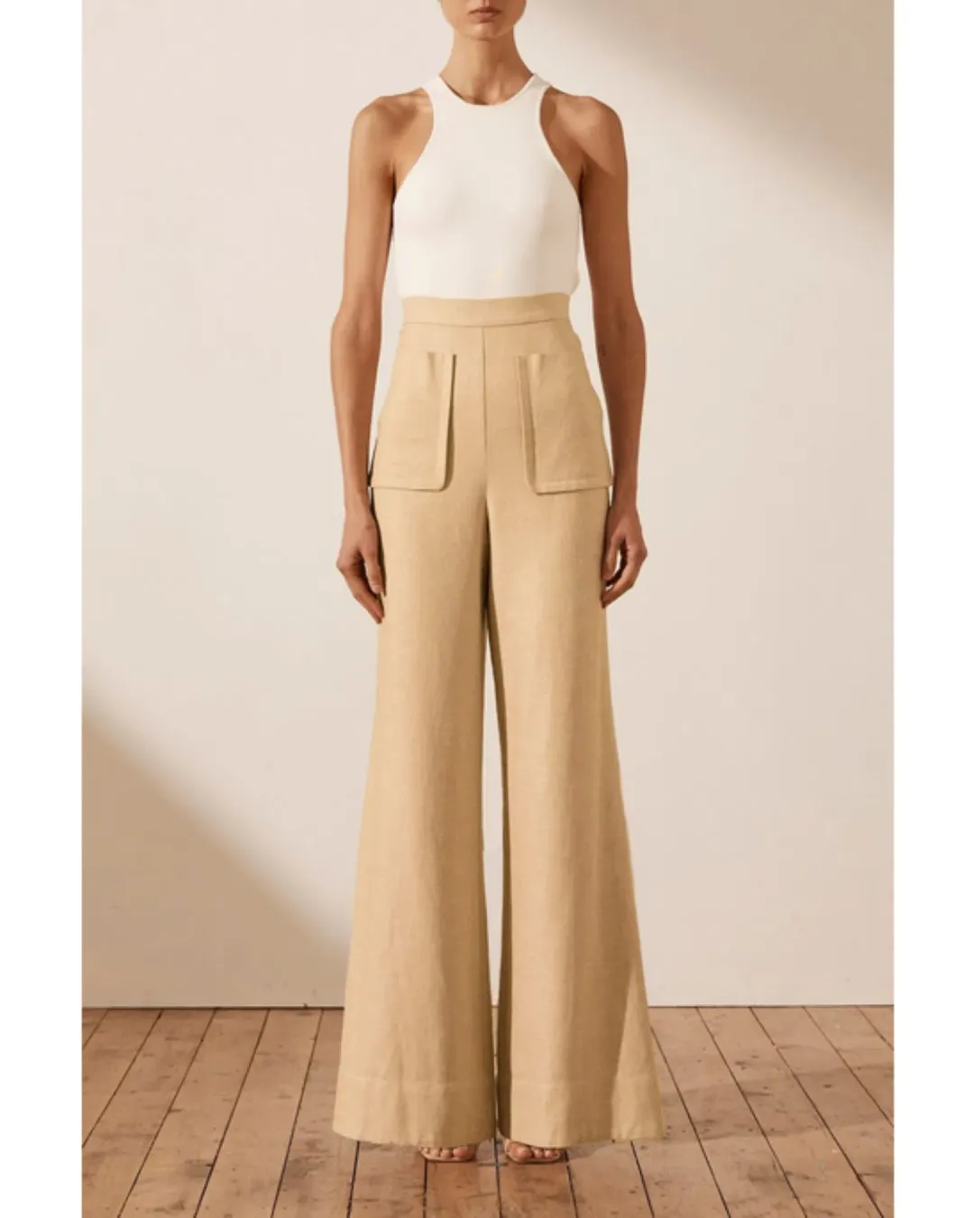 Shona Joy Carmen Linen Flared Pant Beige Size AU 6 for rent on The Volte - main image