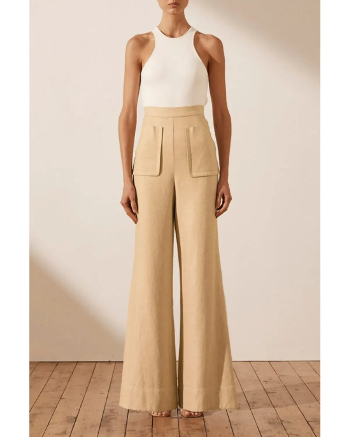 Shona Joy Carmen Linen Flared Pant Beige Size AU 6 for rent on The Volte - main image