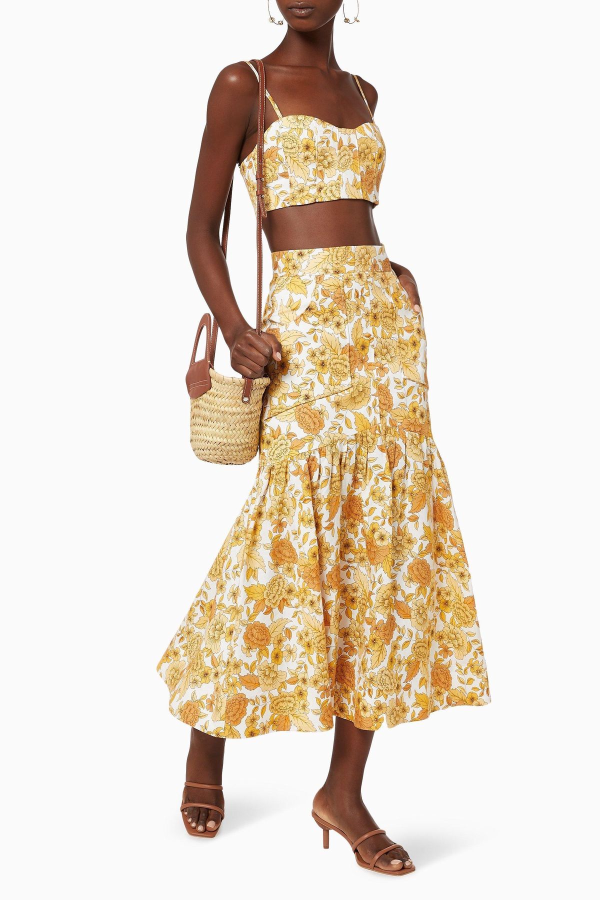 Shona Joy Margarita Linen Fitted Crop Top and Midi Skirt Set Print Size 12 - Image 1
