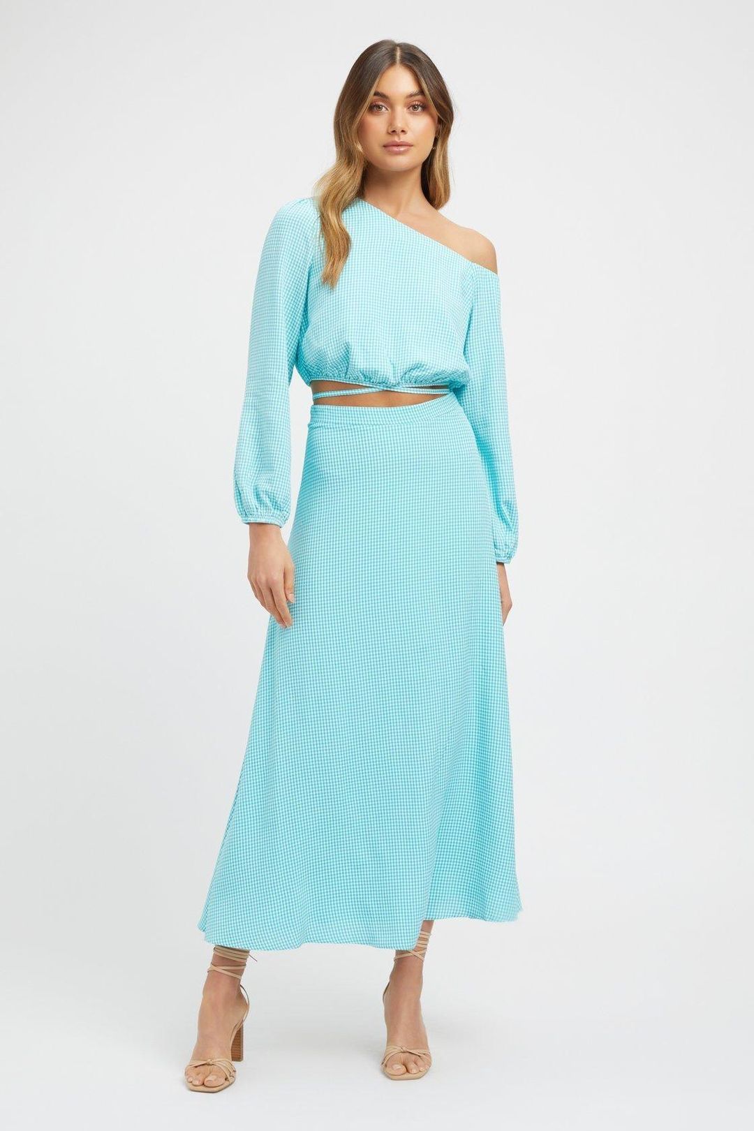 Kookai Brady Long Sleeve Top & Midi Skirt Set Blue Size 12 for rent on The Volte - main image