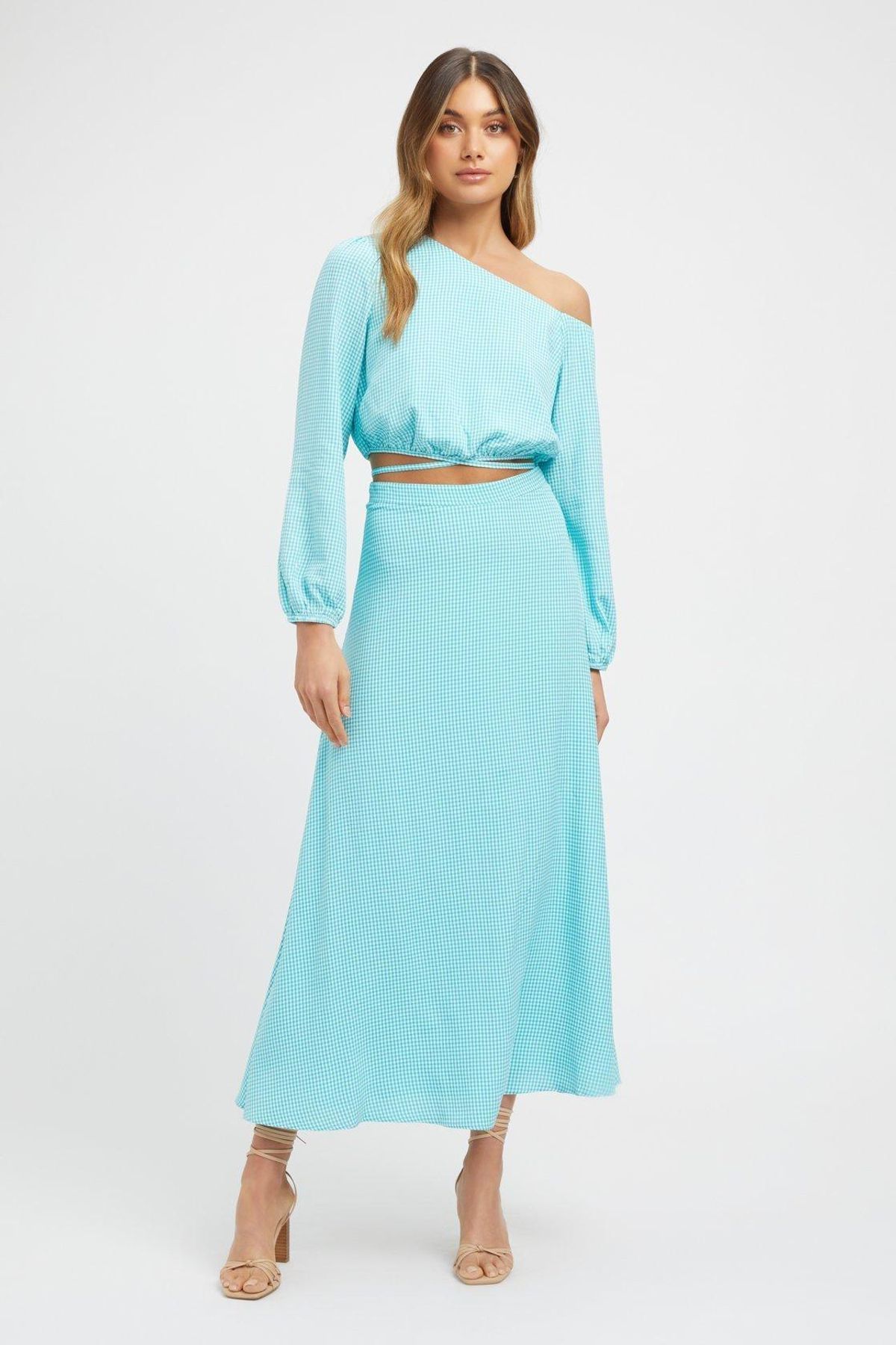 Kookai Brady Long Sleeve Top & Midi Skirt Set Blue Size 12 for rent on The Volte - main image