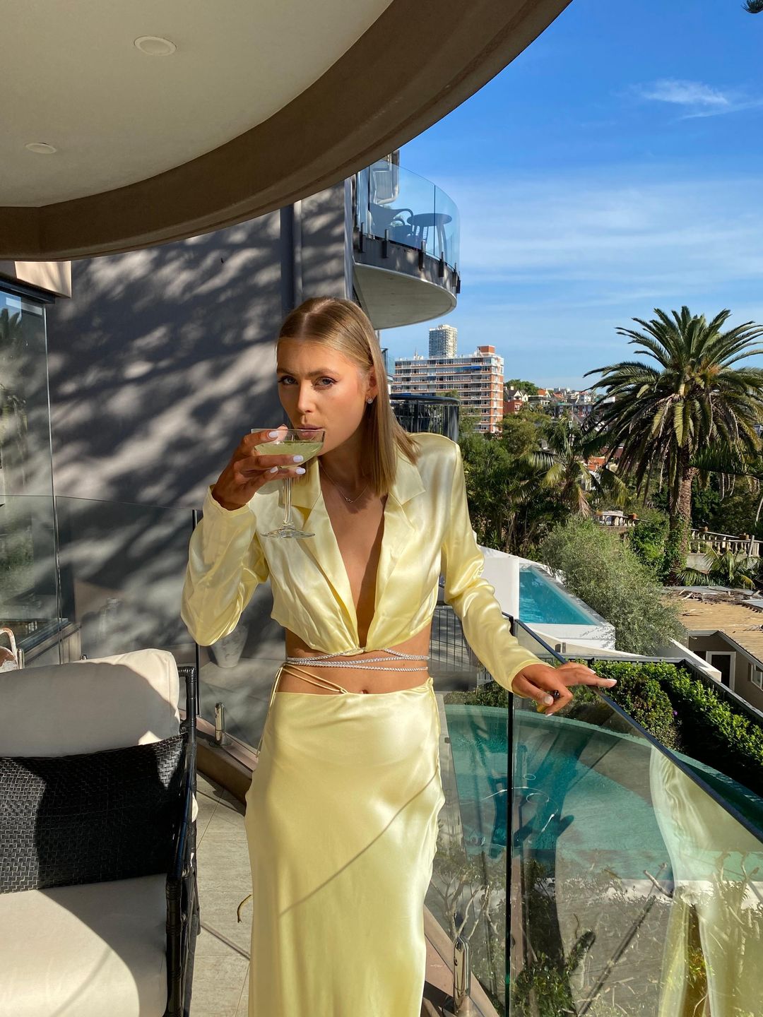 Michael Lo Sordo Silk Wrap Crystal Crop Shirt and Skirt Set Yellow Size 6 for rent on The Volte - main image
