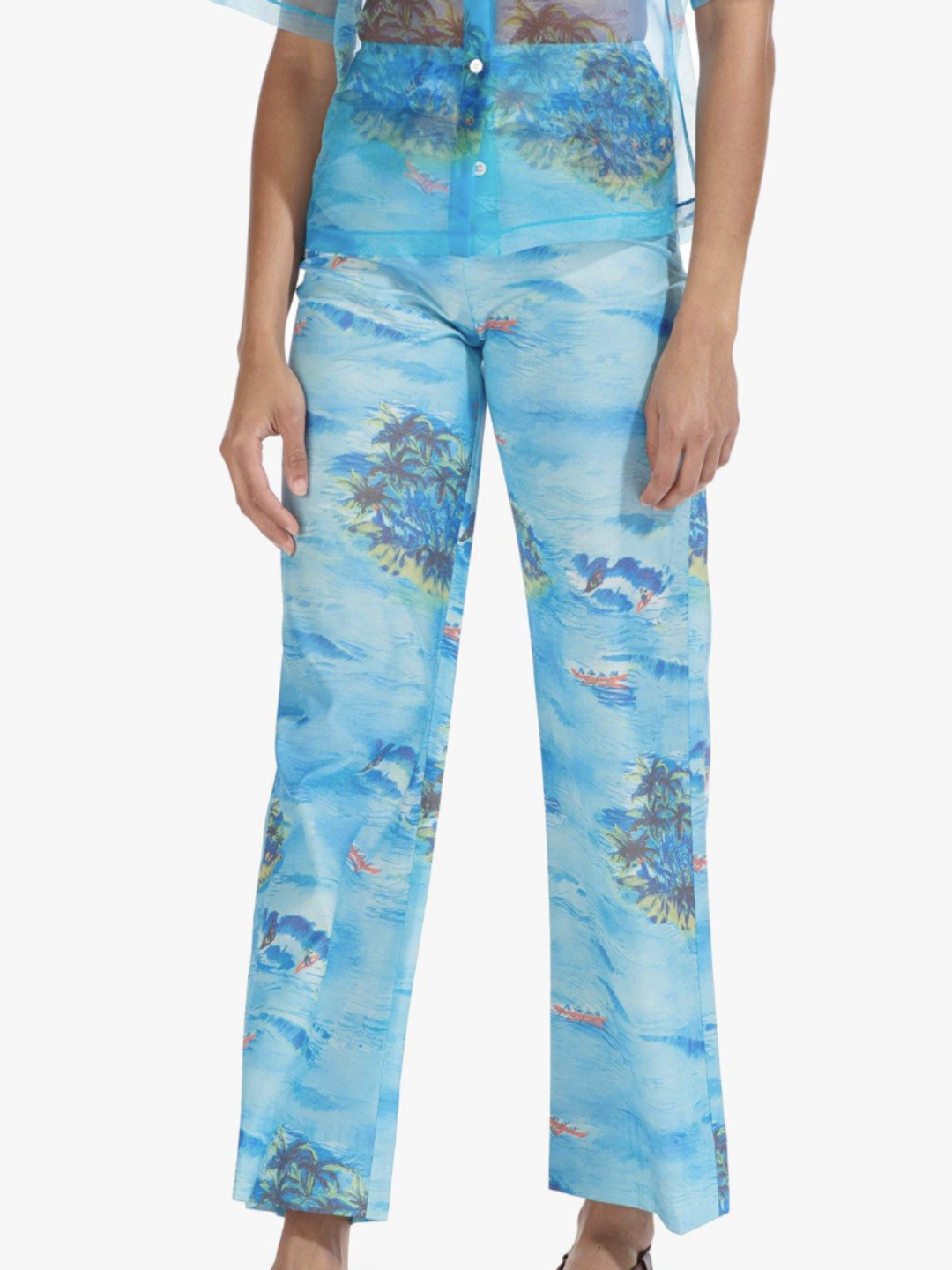 "Staud" Blue island pant/crop set, tropical print, size 10 for rent on The Volte - main image