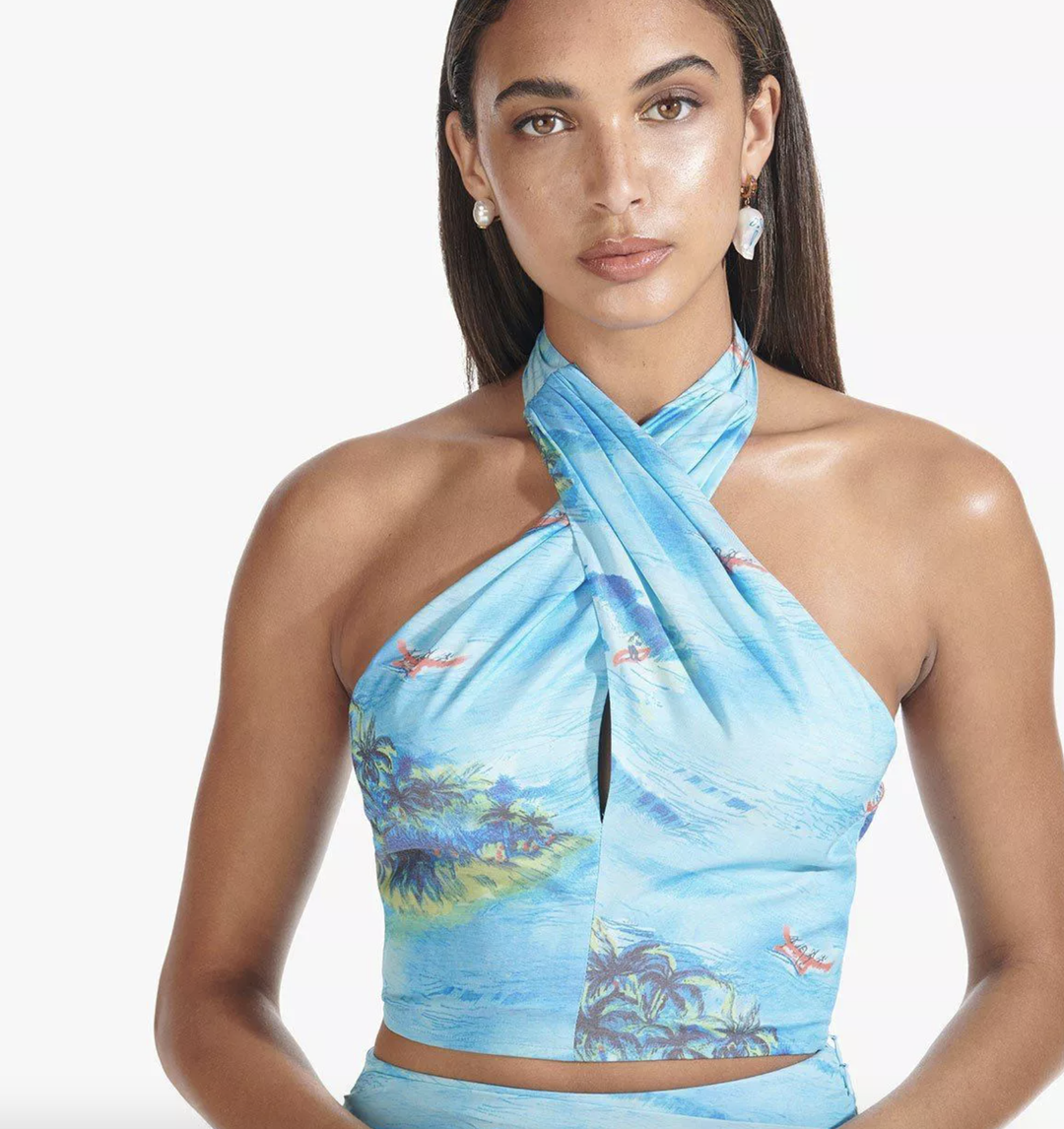"Staud" Blue island pant/crop set, tropical print, size 10 for rent on The Volte - main image