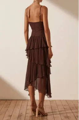 Shona Joy Olympia Pin Tuck Frill Midi Dress - Chocolate for rent on The Volte - image 4