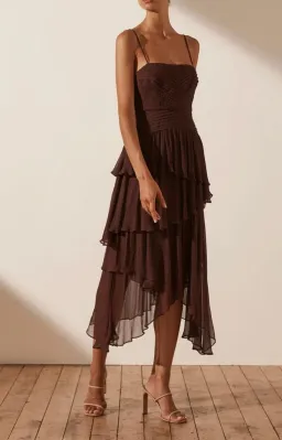 Shona Joy Olympia Pin Tuck Frill Midi Dress - Chocolate for rent on The Volte - image 3
