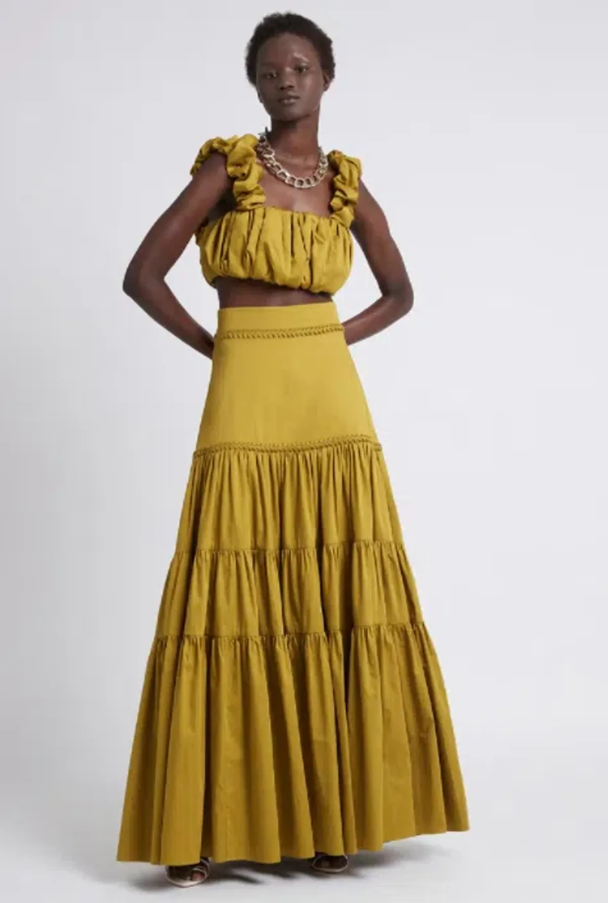 Aje Medina Cropped Top and Casabianca Tiered Skirt Set Yellow Size 8 for rent on The Volte - main image