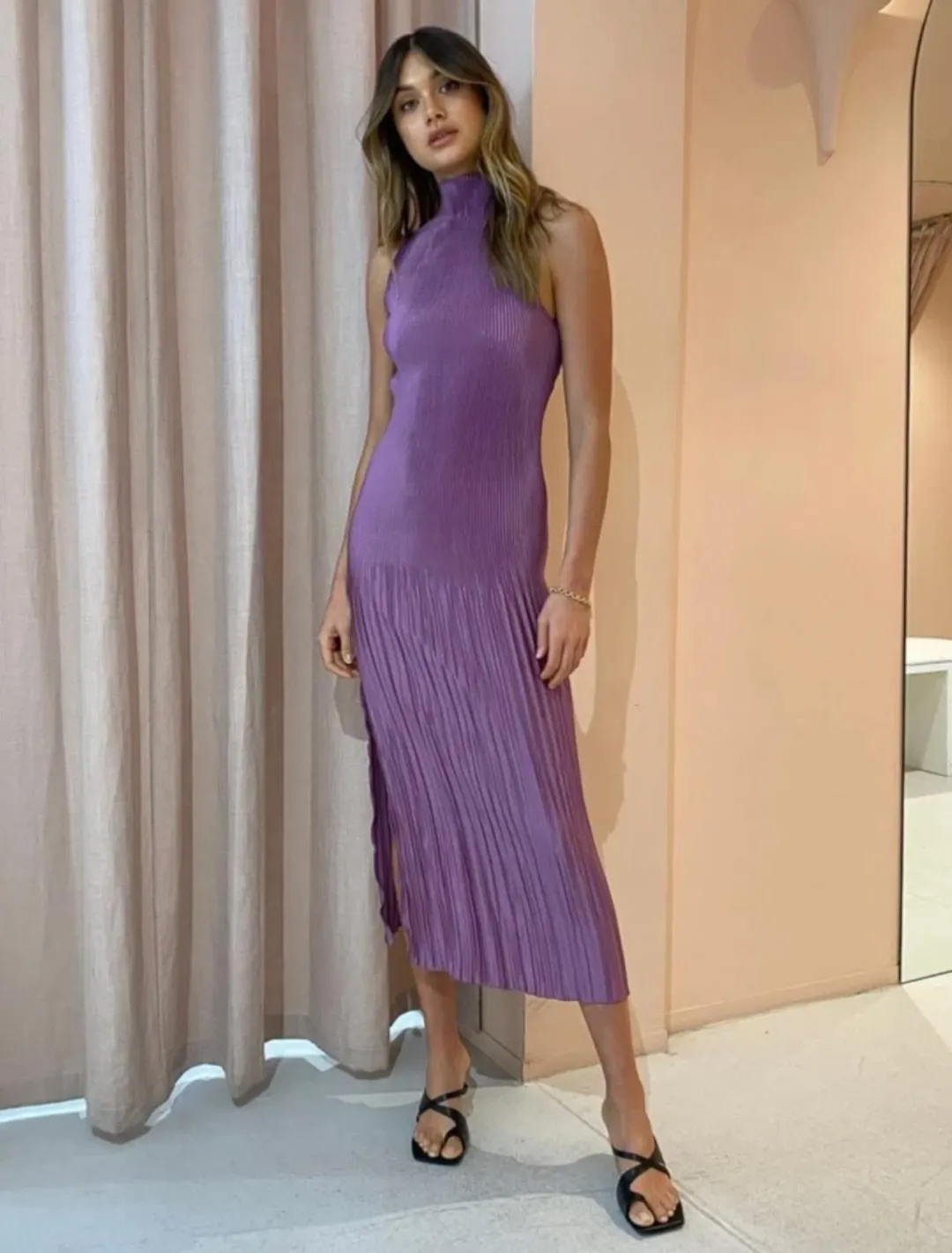 L'Idee Soiree Backless High Neck Gown in Mauve Size 12 for rent on The Volte - main image
