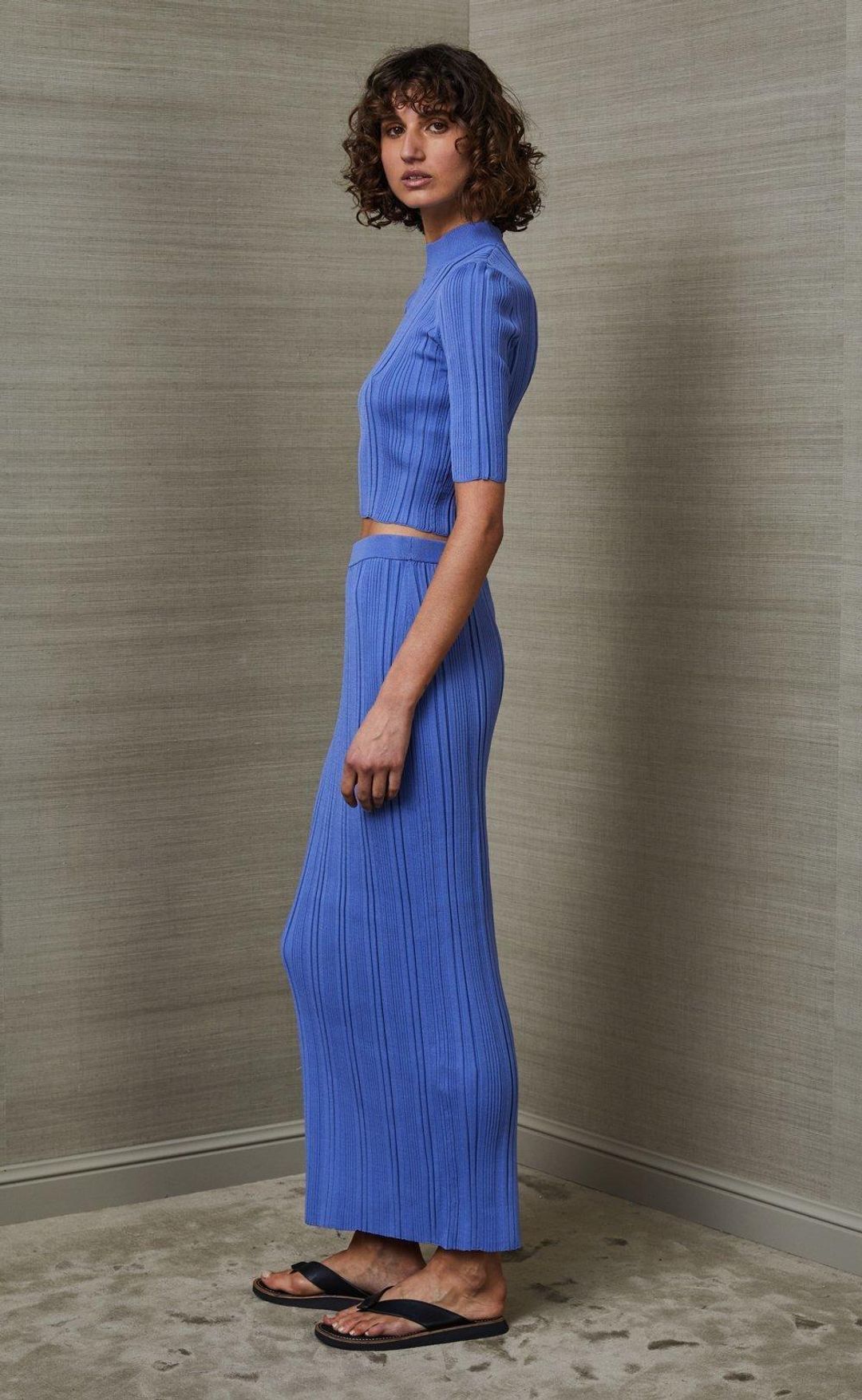 Bec & Bridge Esme Knit Crop Top & Midi Skirt Set Blue Size 8 for rent on The Volte - main image