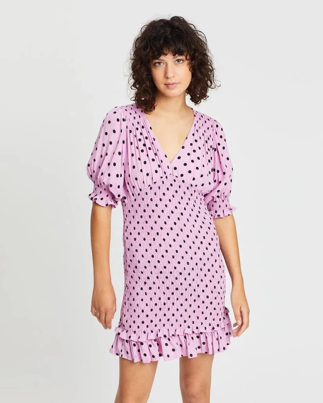 FAITHFULL THE BRAND Womens Purple Polka Dot Pouf Short Sheath Dress for rent on The Volte - main image
