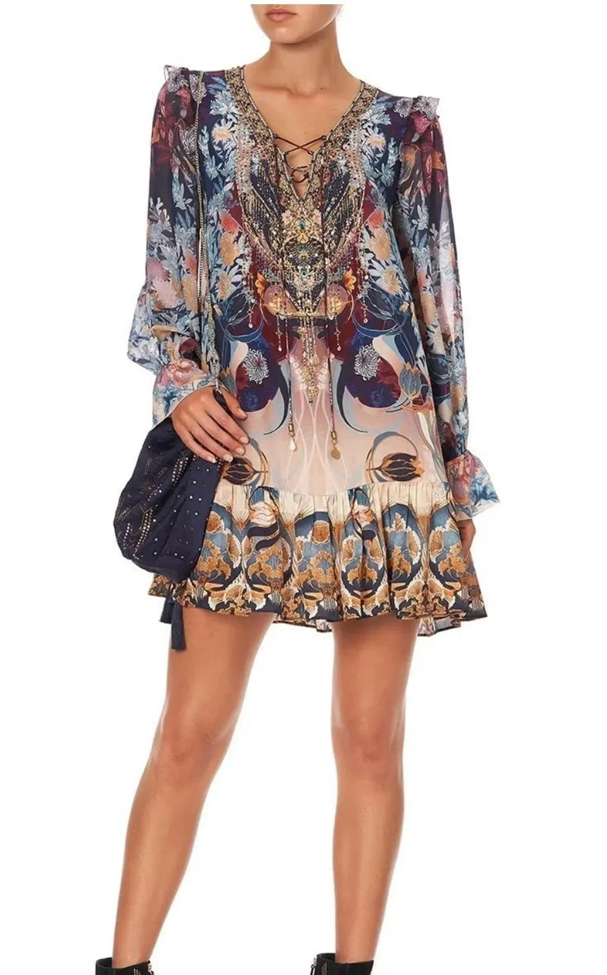 Camilla Nouveau Nights Ruffle Lace Up Dress Print Size XXL - Image 5