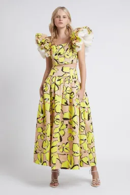 Aje Pelicano Citrus Bloom Midi Skirt and Frill Cropped Top Set Print Size 8 for rent on The Volte - image 1