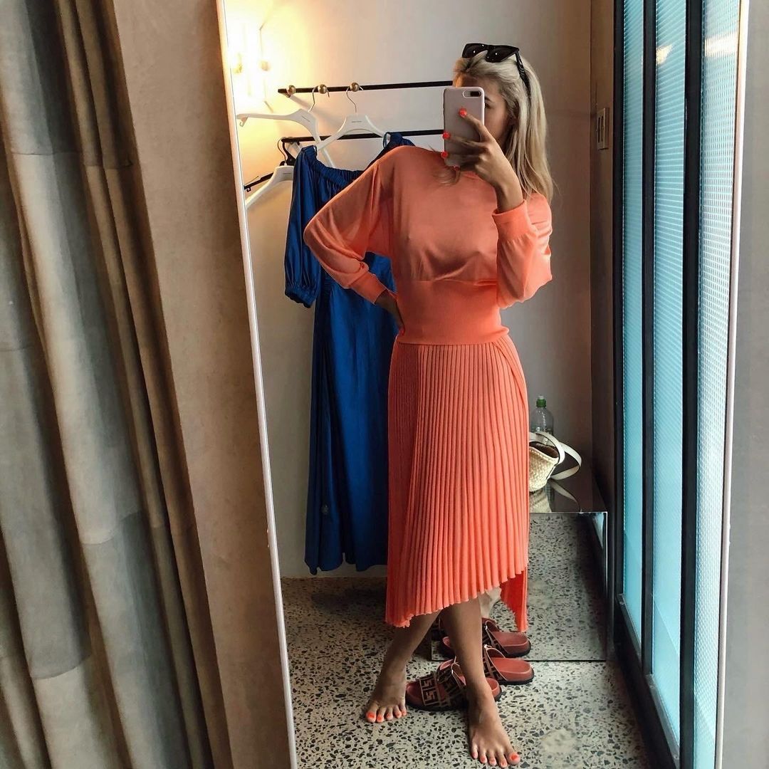 Scanlan Theodore Gloss Knit Sweater and Pleated Skirt Set Orange Size 6 for rent on The Volte - main image