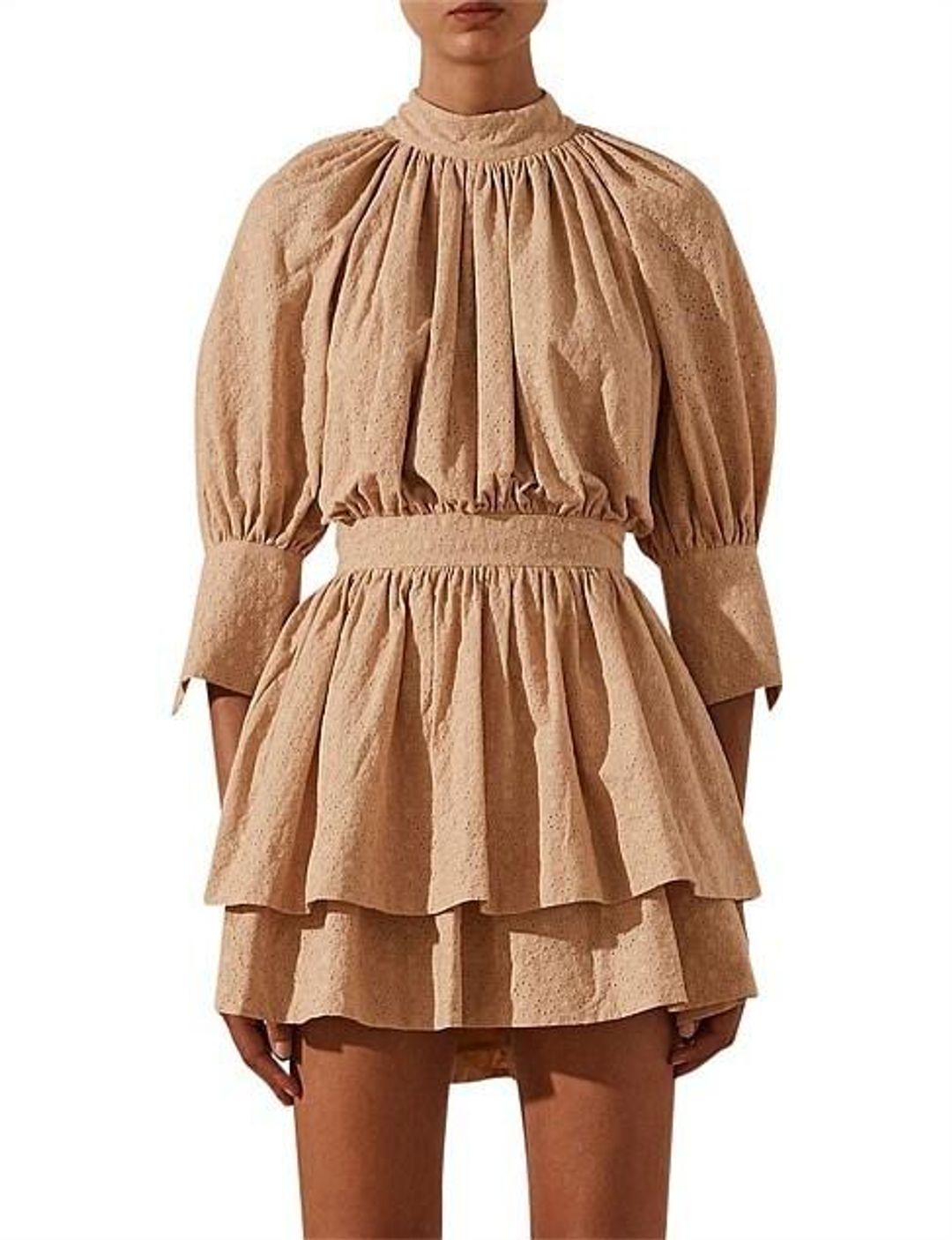 Shonay Joy Magnolia High Neck Open Back Mini Dress in Peanut for rent on The Volte - main image