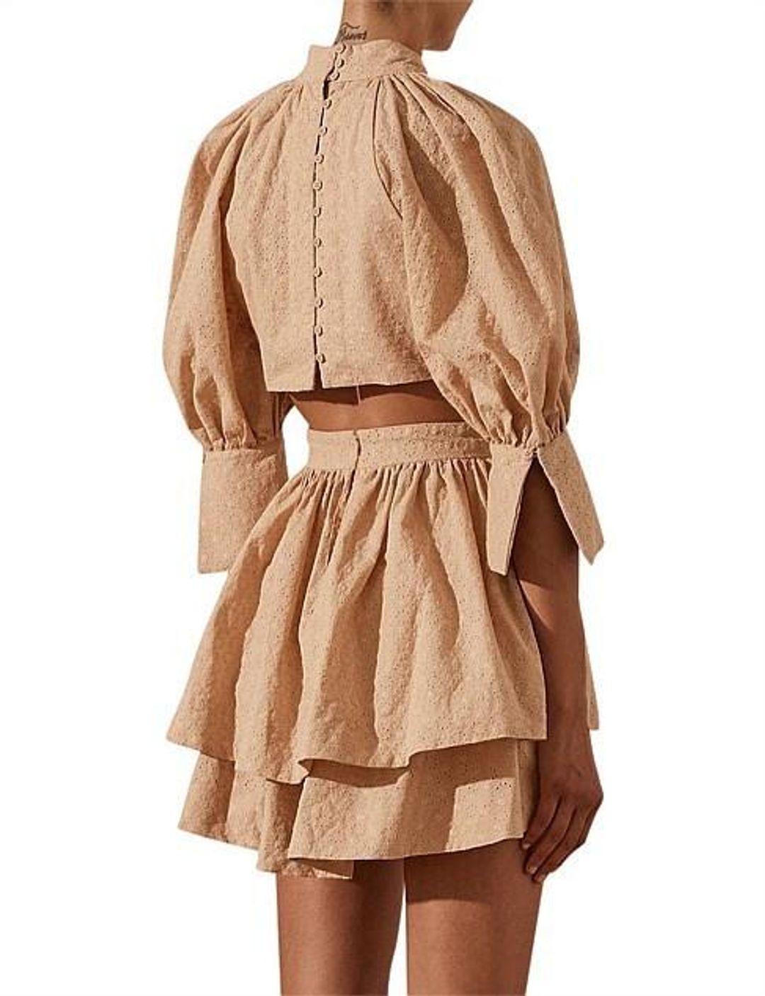 Shonay Joy Magnolia High Neck Open Back Mini Dress in Peanut for rent on The Volte - main image