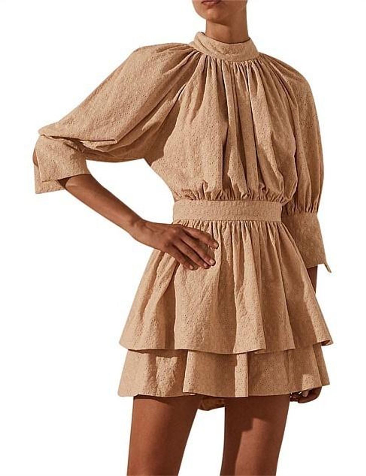 Shonay Joy Magnolia High Neck Open Back Mini Dress in Peanut - Image 1