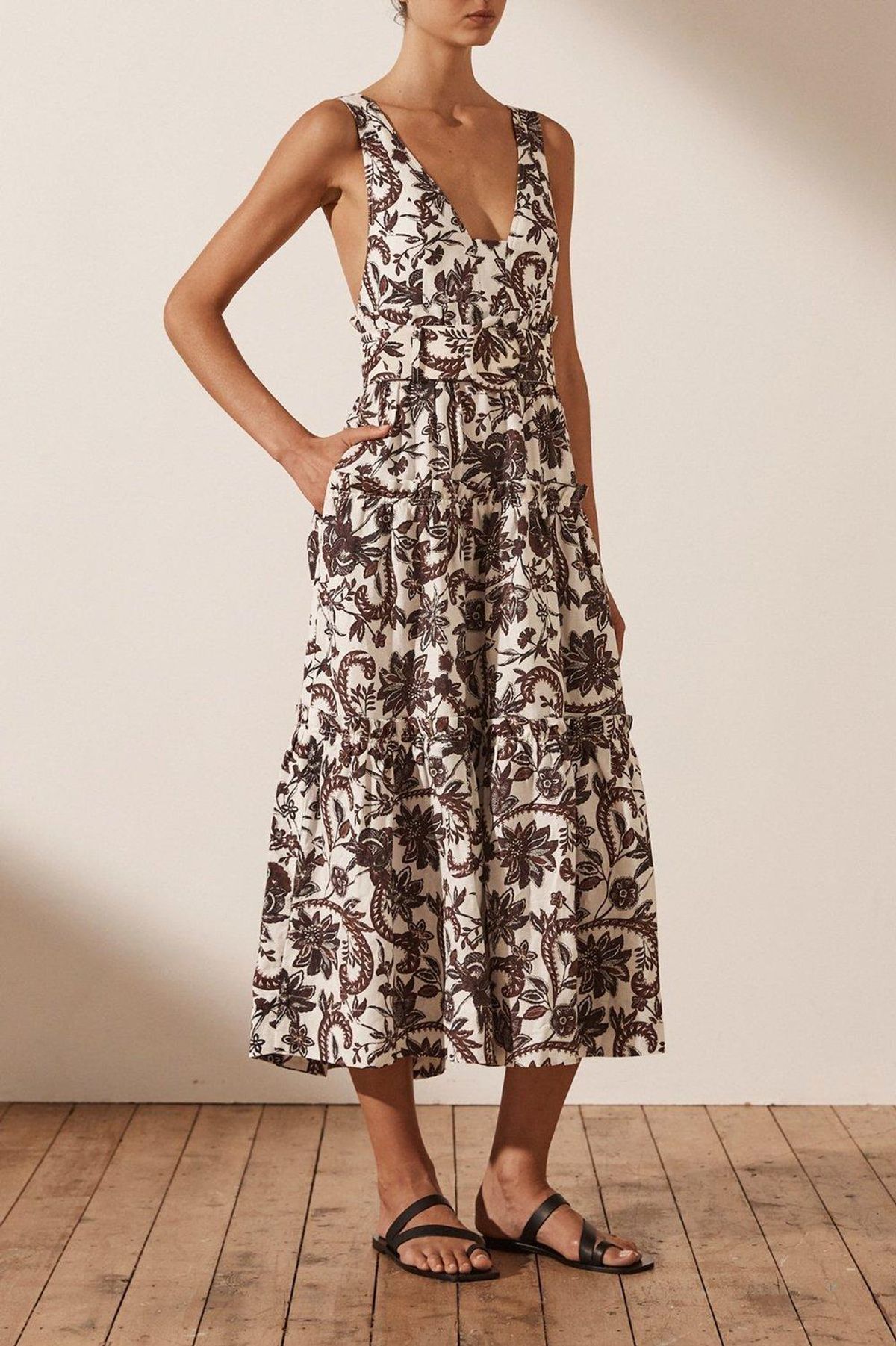Shona Joy Dahlia Linen Tiered Midi Dress Floral - Image 4