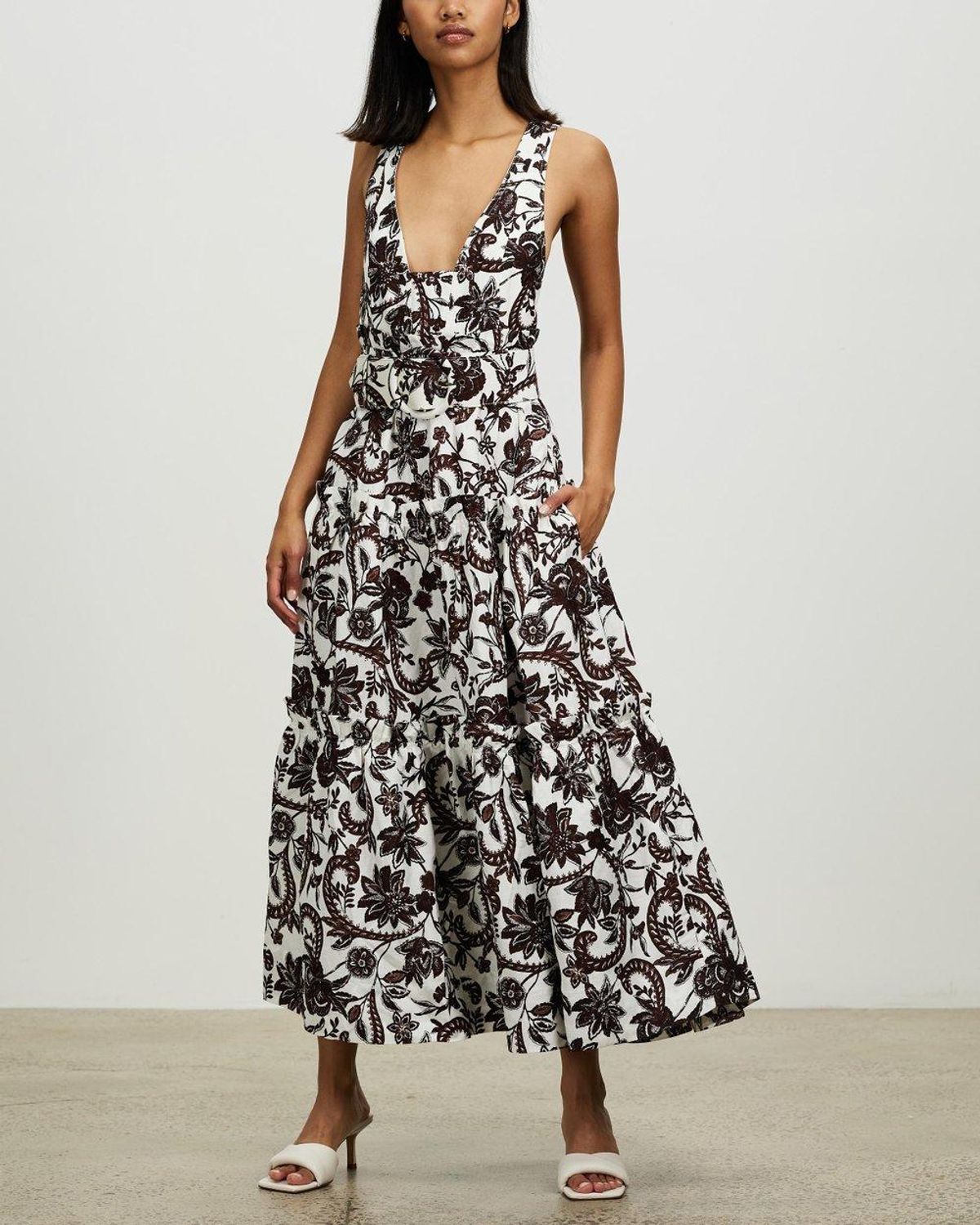Shona Joy Dahlia Linen Tiered Midi Dress Floral for rent on The Volte - main image