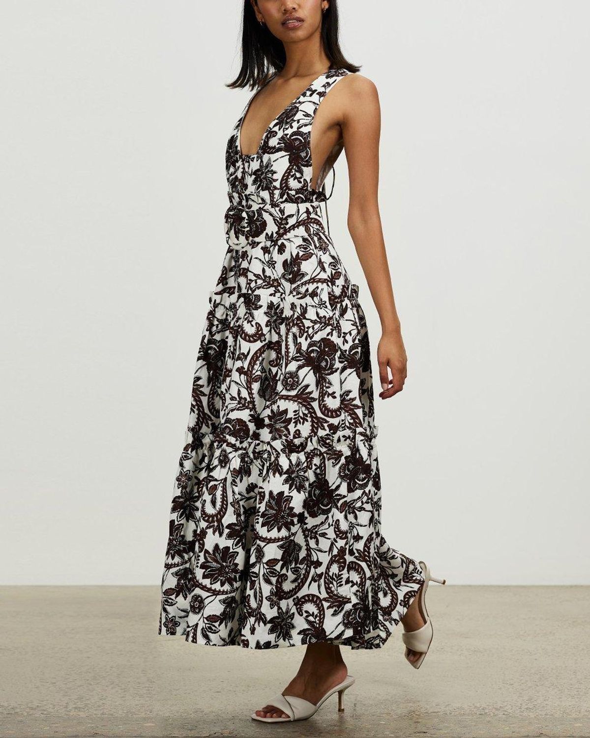 Shona Joy Dahlia Linen Tiered Midi Dress Floral - Image 2