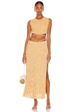 Christopher Esber Sleeveless Knit Tie Crop Top and Pleated Knit Tie Skirt Set Dune Marle Size 6 for rent on The Volte - image 1