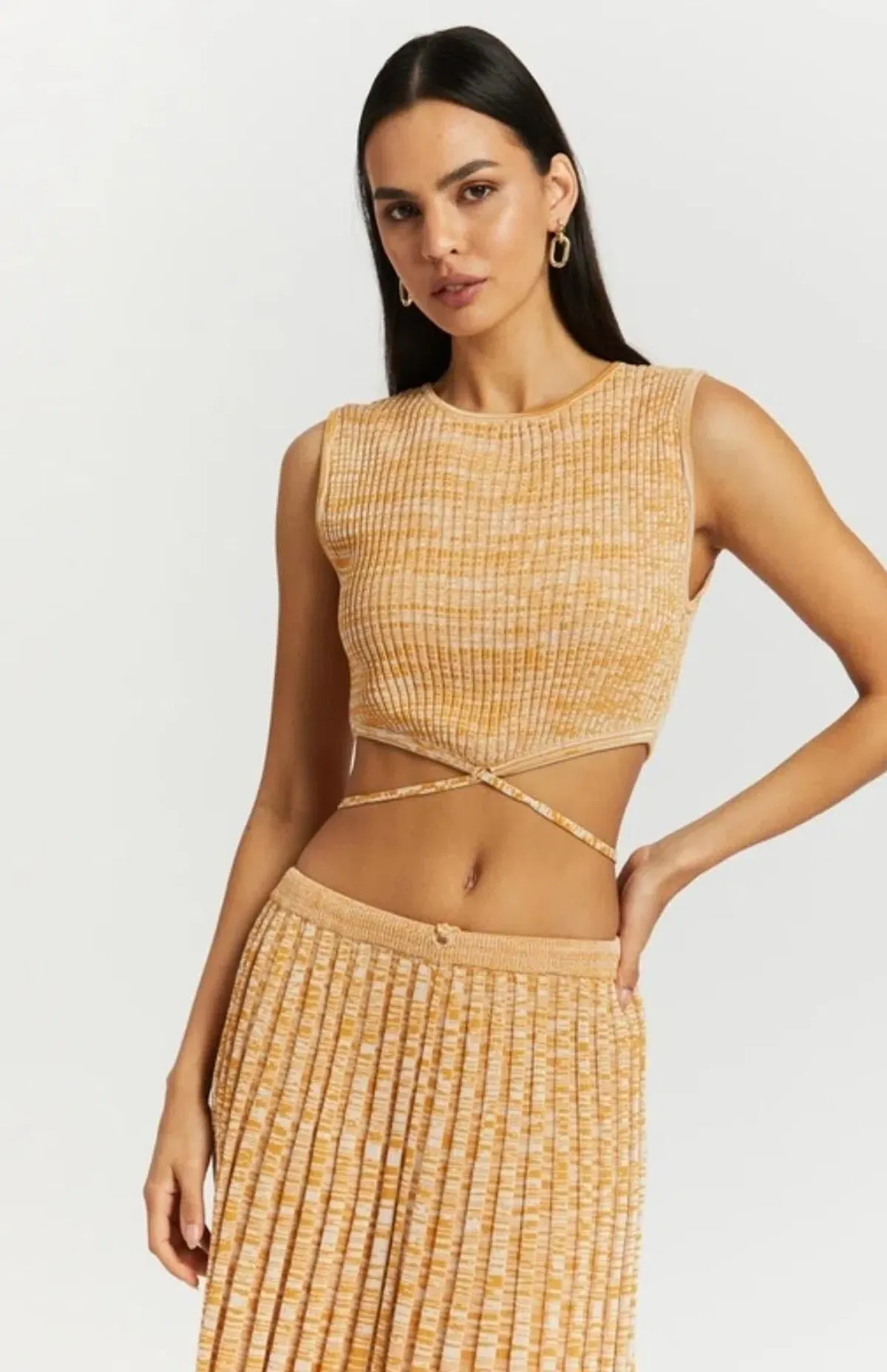 Christopher Esber Sleeveless Knit Tie Crop Top and Pleated Knit Tie Skirt Set Dune Marle Size 6 - Image 4