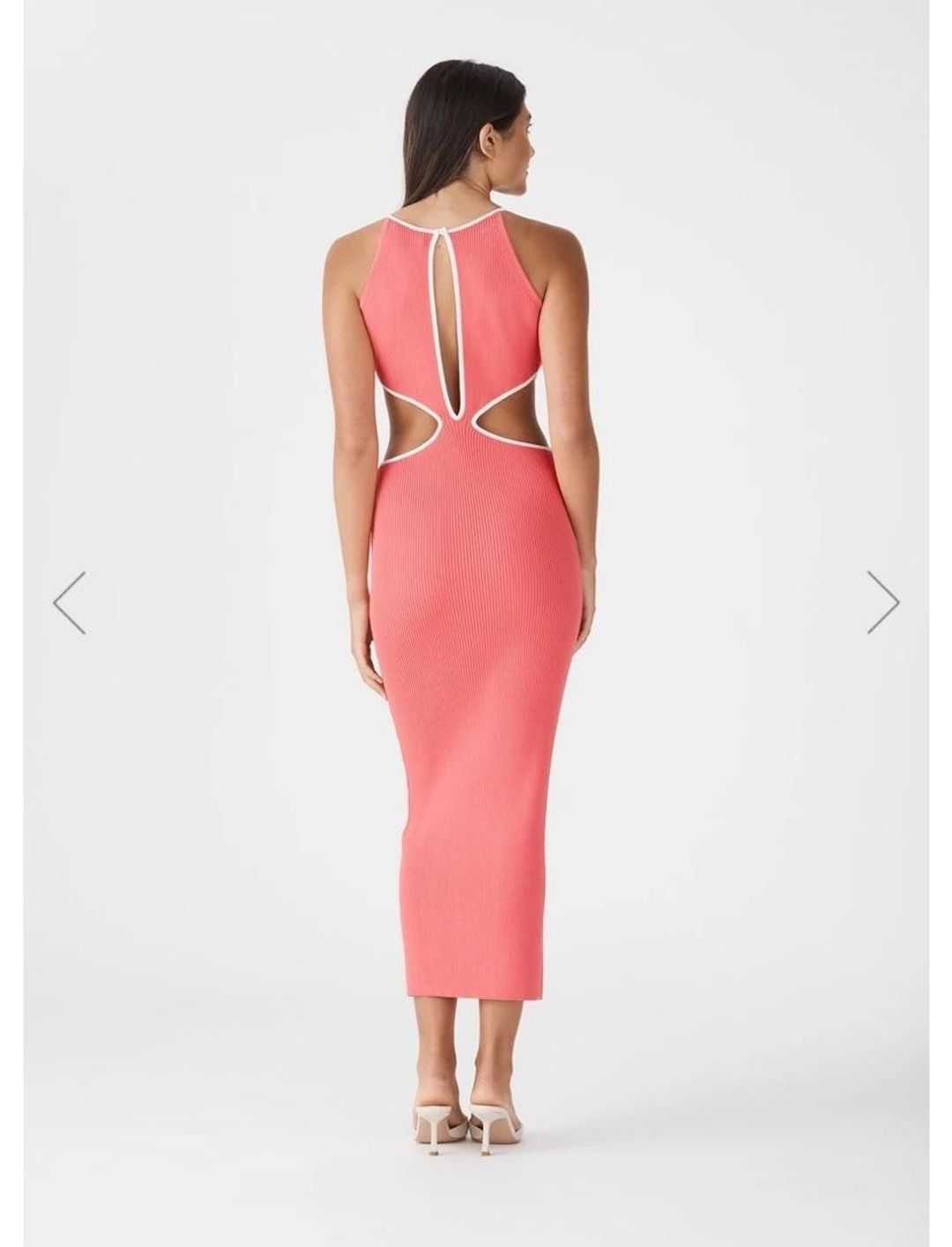 San Sloans ADRIAN RIB MIDI DRESS CORAL-WHITE Size 6 (6-8 fit) for rent on The Volte - main image