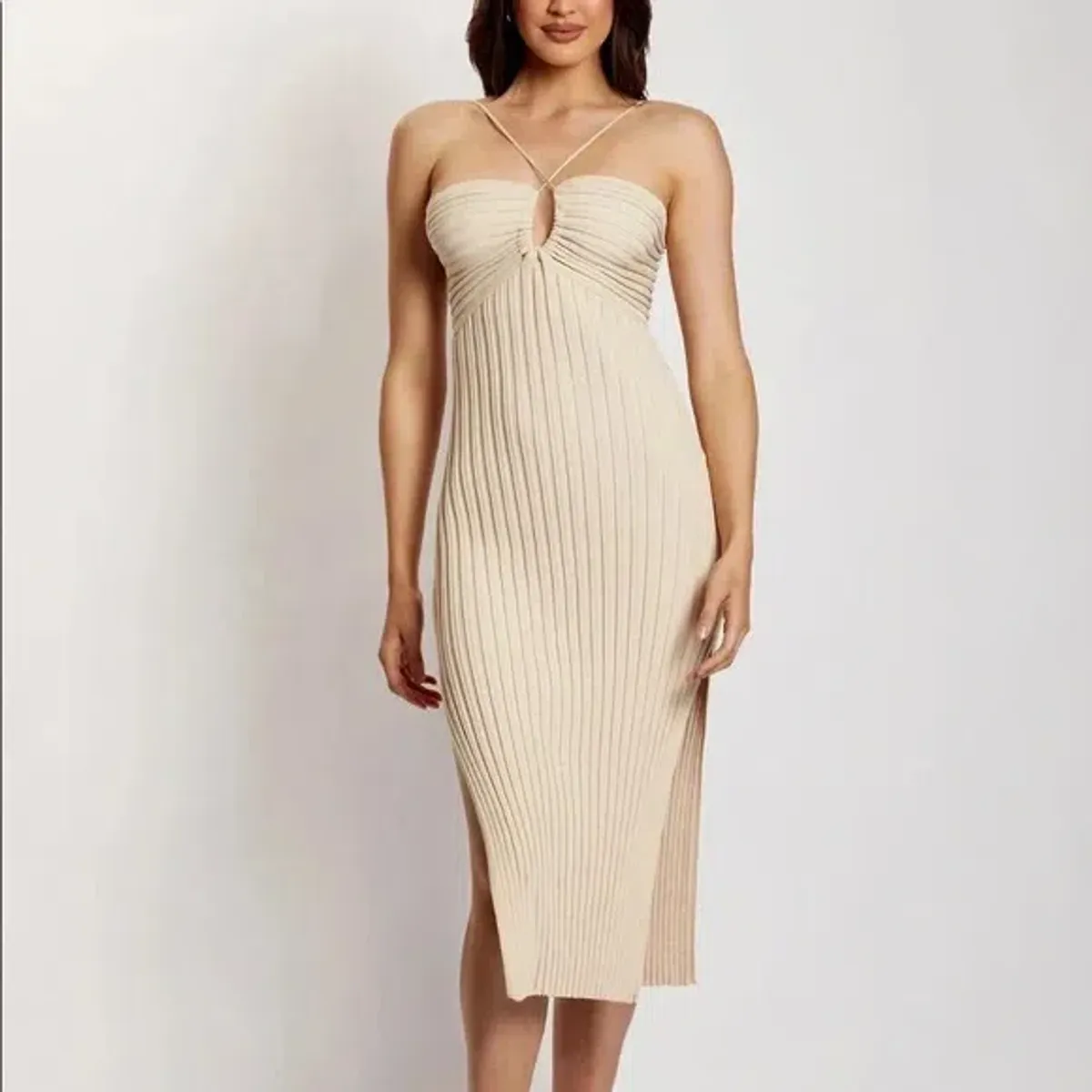Meshki Lori Ruched Front Knit Midi Dress Champagne Size S - Image 4