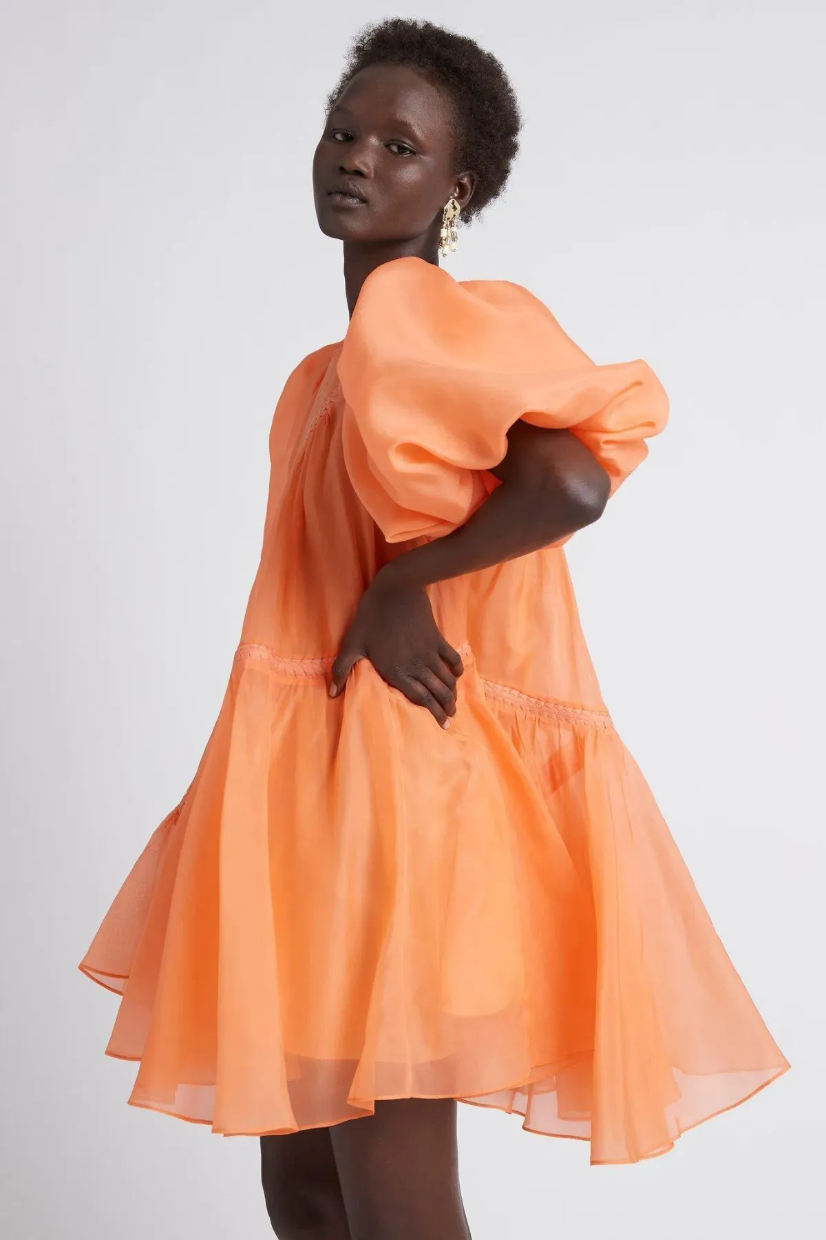 Aje Riviera Asymmetric Braided Puff Sleeve Smock Dress Mandarin Orange Size 6 - Image 3