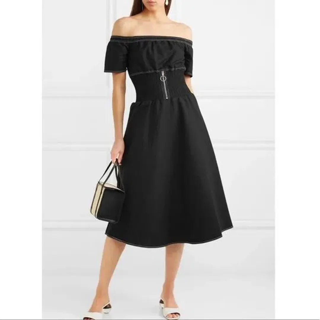 Maje Relera Black Smocked Off-Shoulder Midi Dress Size 8 for rent on The Volte - main image