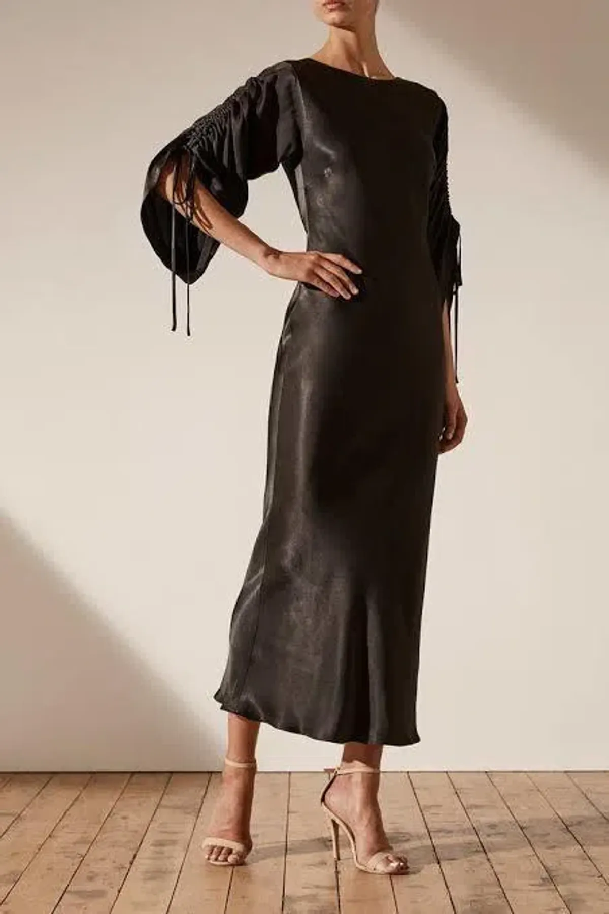 Shona Joy Wright Ruched Sleeve Midi Black Dress Size 8 - Image 2