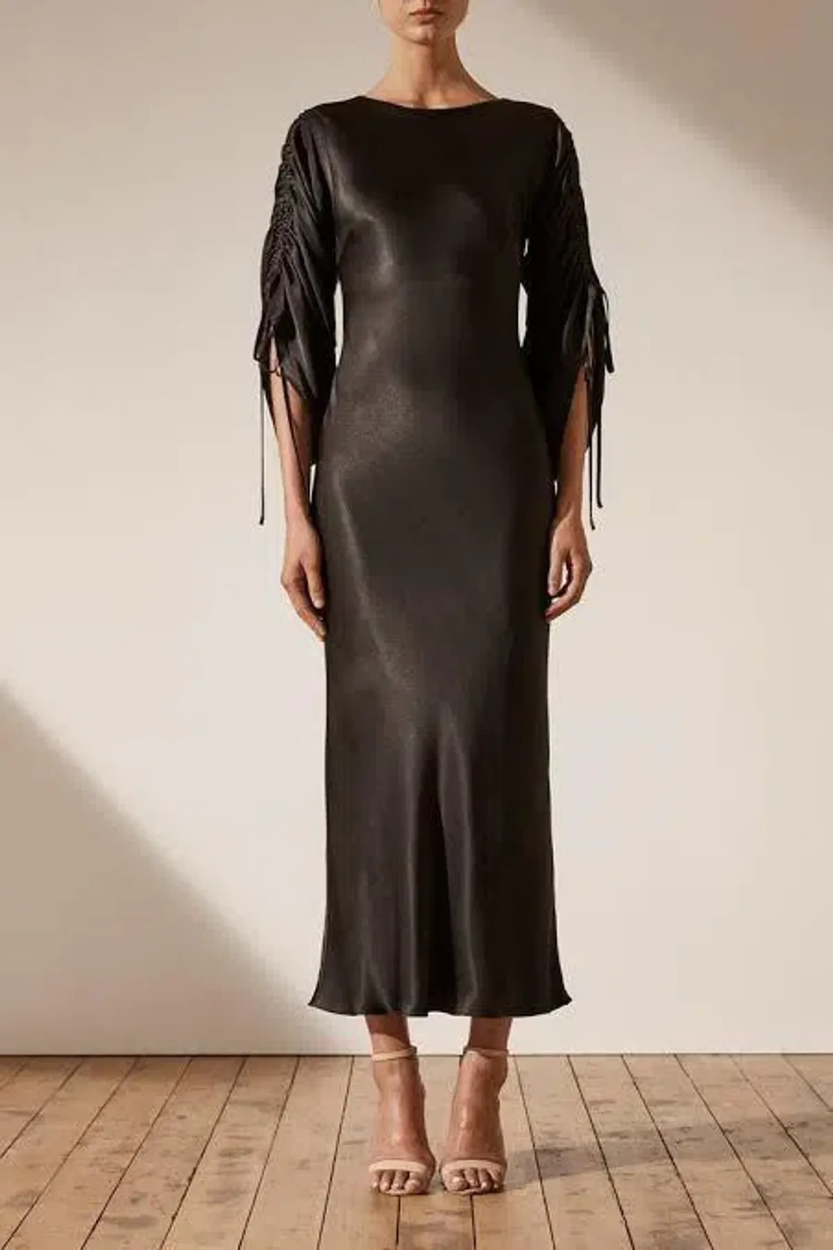 Shona Joy Wright Ruched Sleeve Midi Black Dress Size 8 - Image 1