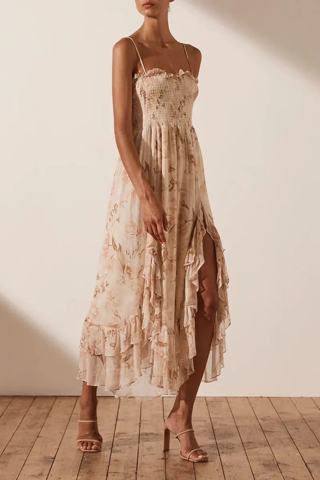 Shona Joy Shirred Midi Dress Print Size 8 for rent on The Volte - main image