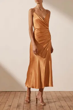 SHONA JOY GALA DRAPED MIDI DRESS GOLDEN OAK for rent on The Volte - image 2