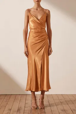 SHONA JOY GALA DRAPED MIDI DRESS GOLDEN OAK for rent on The Volte - image 1