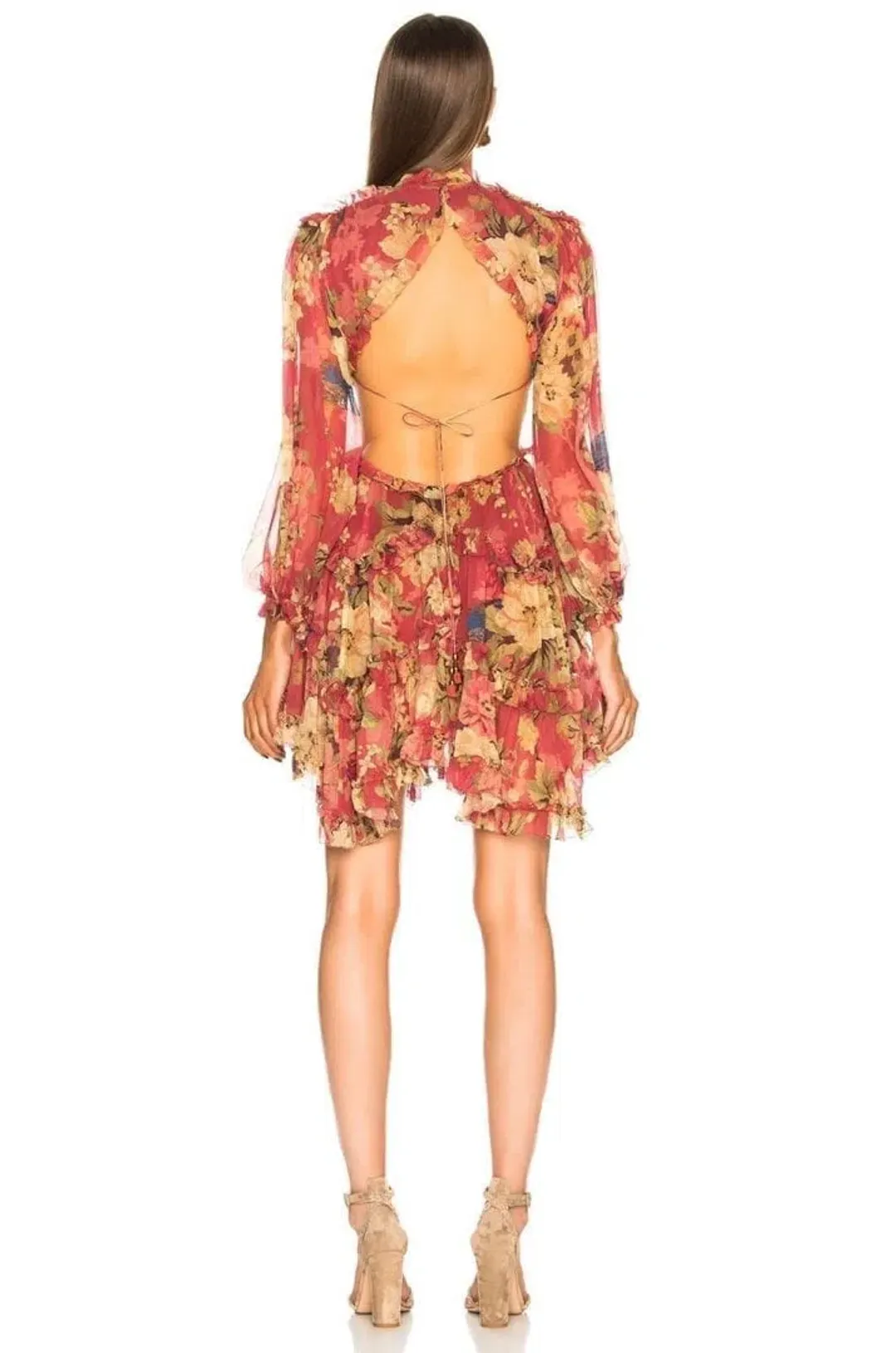 Zimmermann Melody Lace Up Short Dress Burgundy/Floral Size 6 for rent on The Volte - main image
