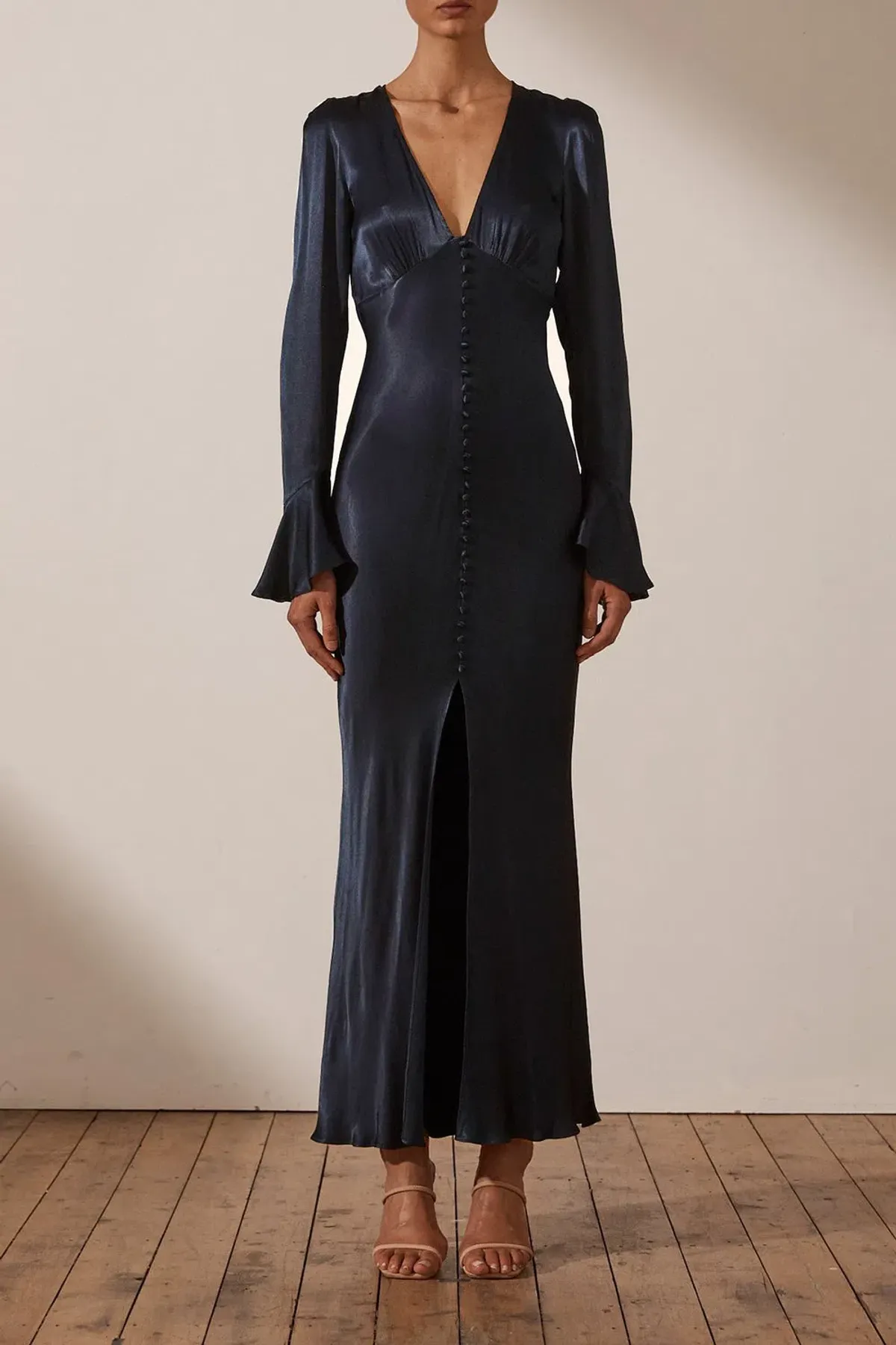 Shona Joy La Lune Frill Cuff Bias Midi Dress Midnight Size 8 for rent on The Volte - main image