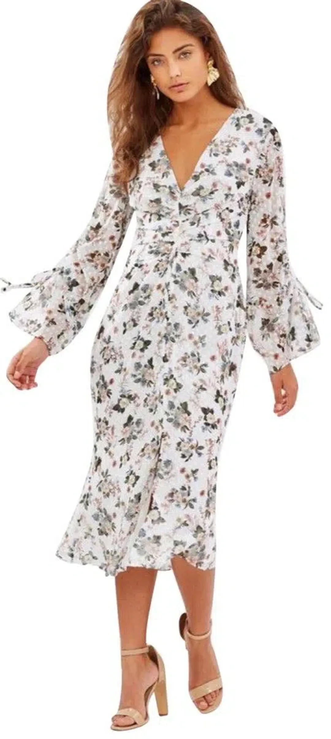 Talulah White Earth Tone Floral Midi Dress Print Size 6 for rent on The Volte - main image