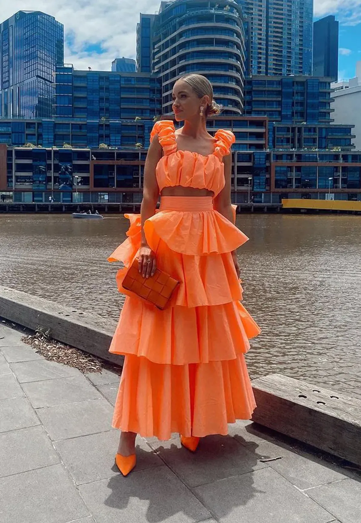Aje Medina Ruched Crop Top and Tiered Midi Skirt Set Orange Size 6 - Image 5